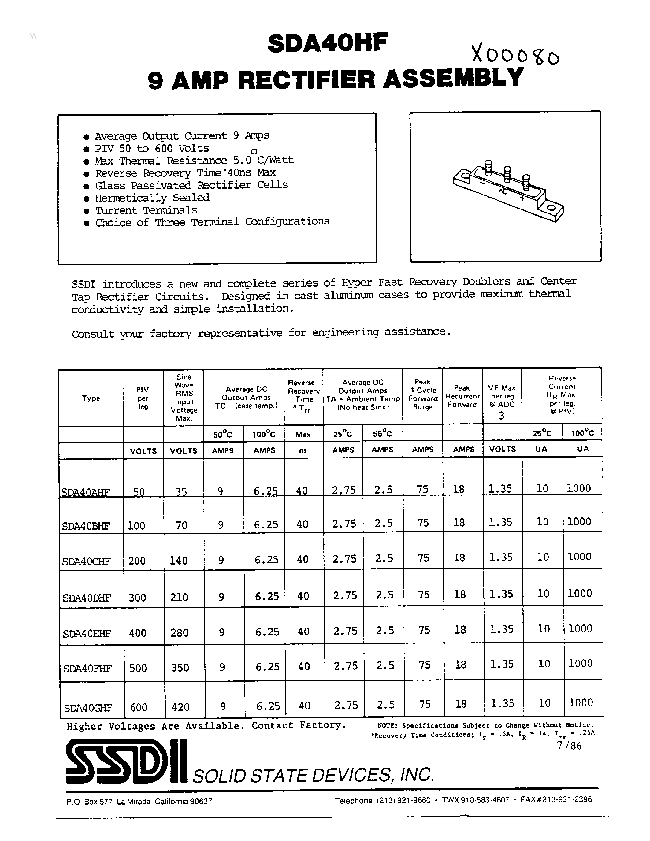 Даташит на микросхему SDA40AHF страница 1 Даташит SDA40AHF - 9 AMP RCTIFIER ASSEMBLY страница 1