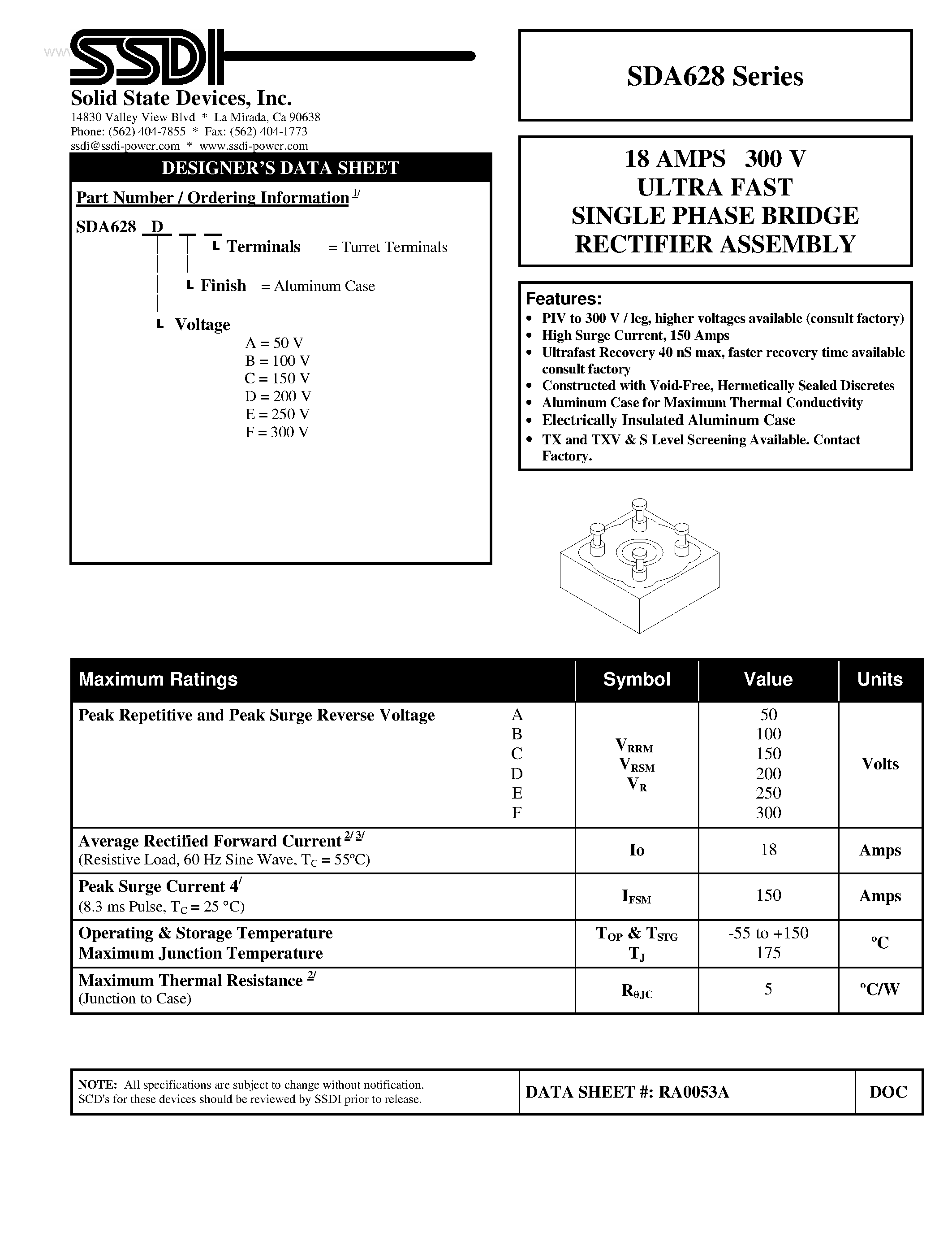 Datasheet SDA628 page 1 Datasheet SDA628 - ULTRA FAST SINGLE PHASE BRIDGE RECTIFIER ASSEMBLY page 1
