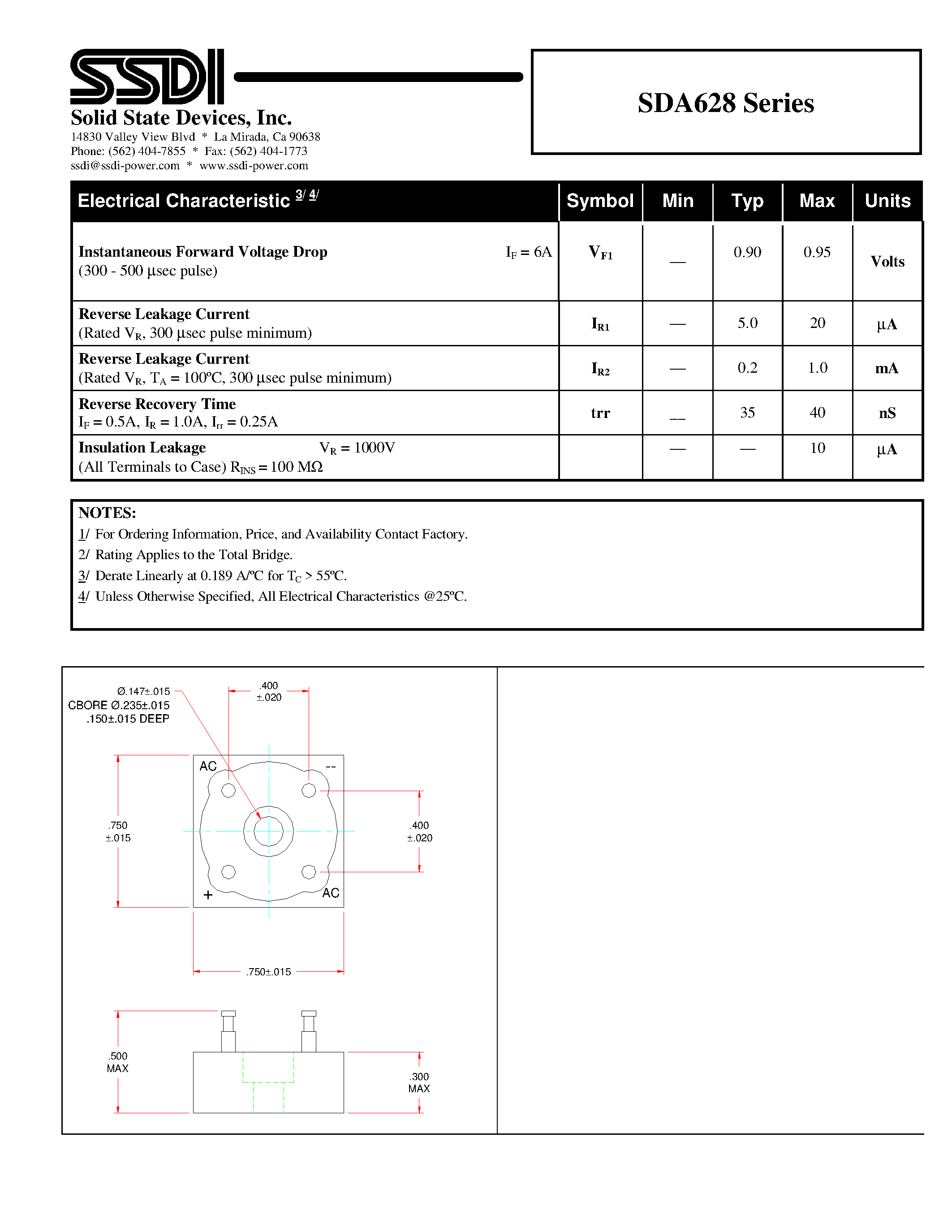 Datasheet SDA628 page 2 Datasheet SDA628 - ULTRA FAST SINGLE PHASE BRIDGE RECTIFIER ASSEMBLY page 2