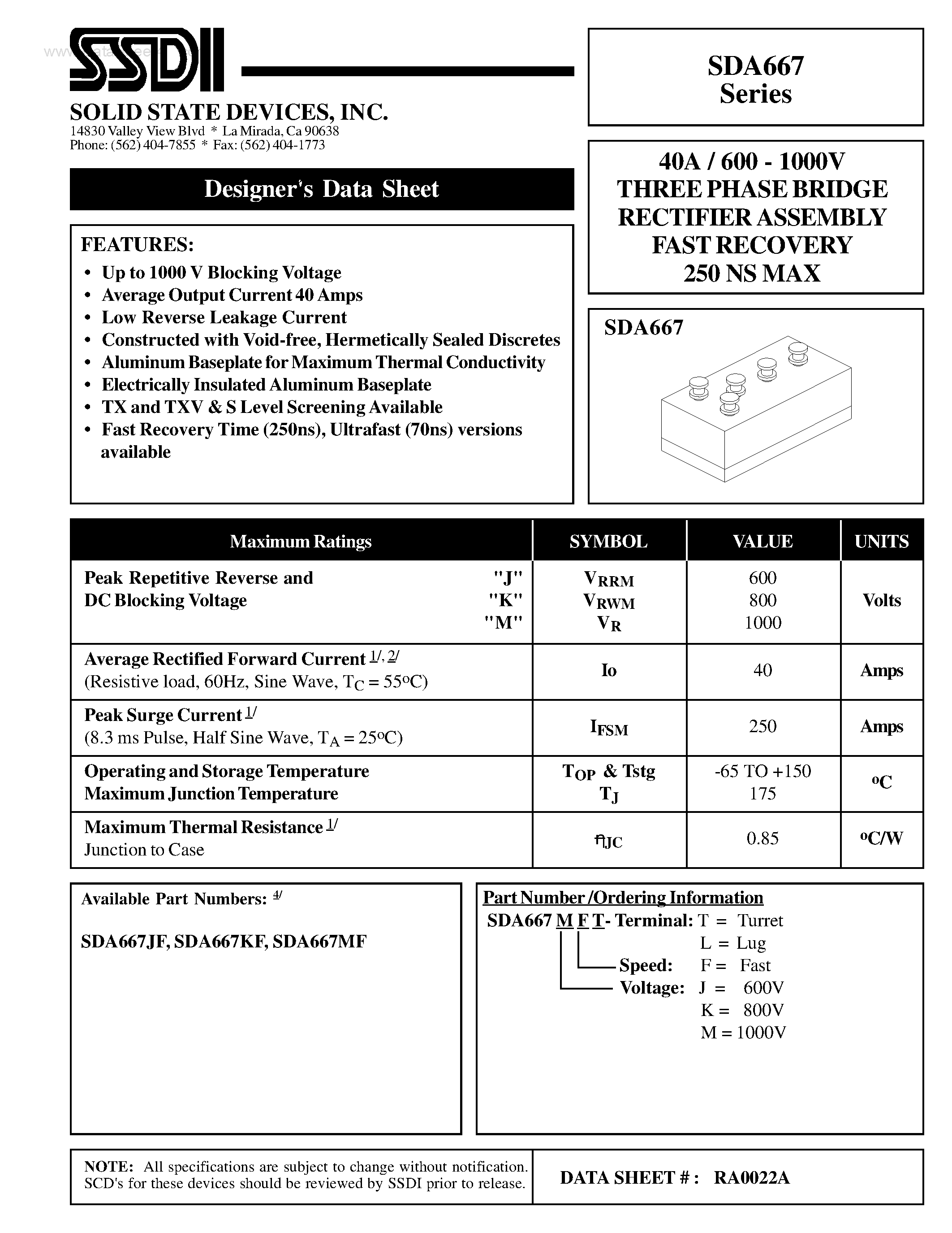 Datasheet SDA667 page 1 Datasheet SDA667 - THREE PHASE BRIDGE RECTIFIER ASSEMBLY FAST RECOVERY page 1