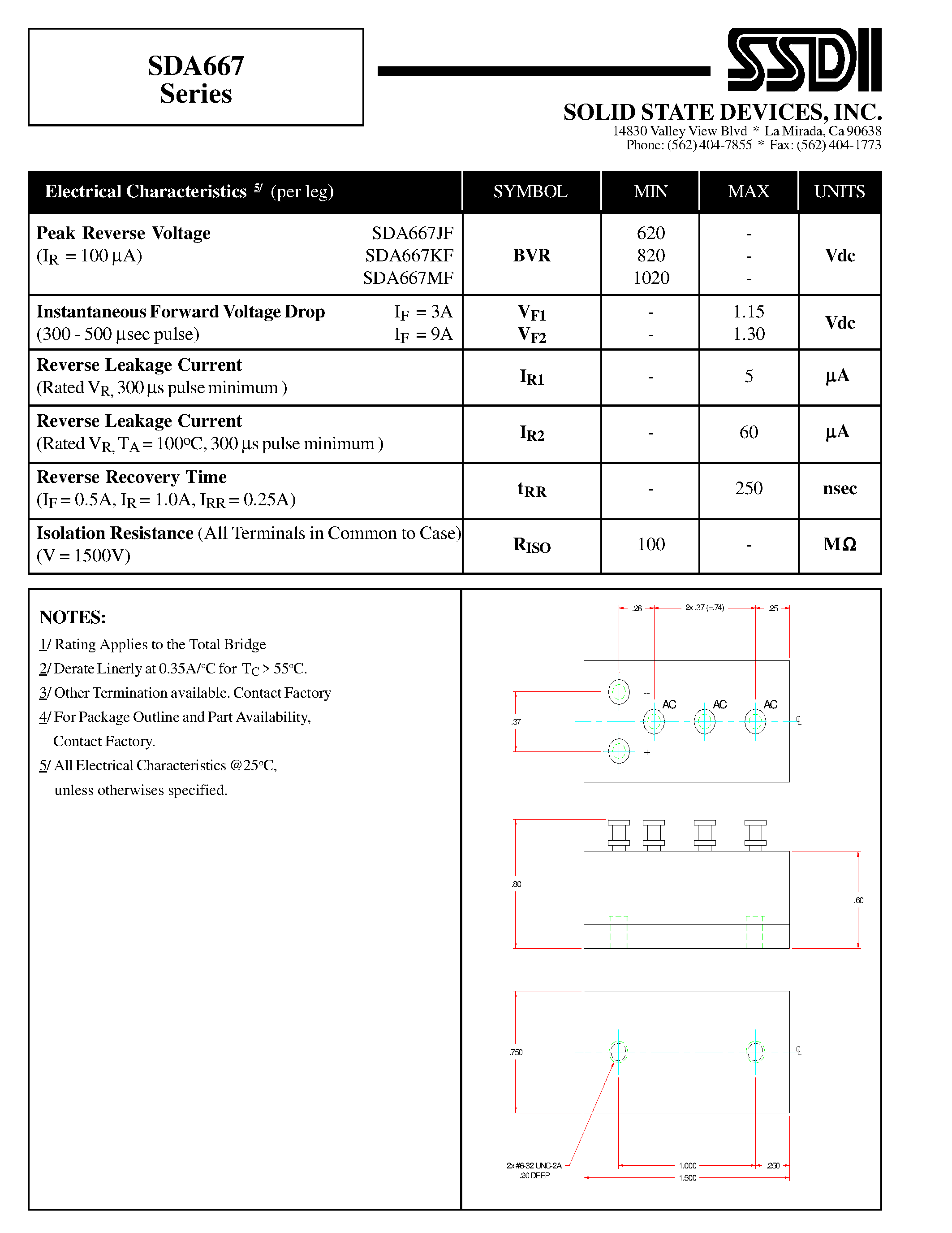 Datasheet SDA667 page 2 Datasheet SDA667 - THREE PHASE BRIDGE RECTIFIER ASSEMBLY FAST RECOVERY page 2