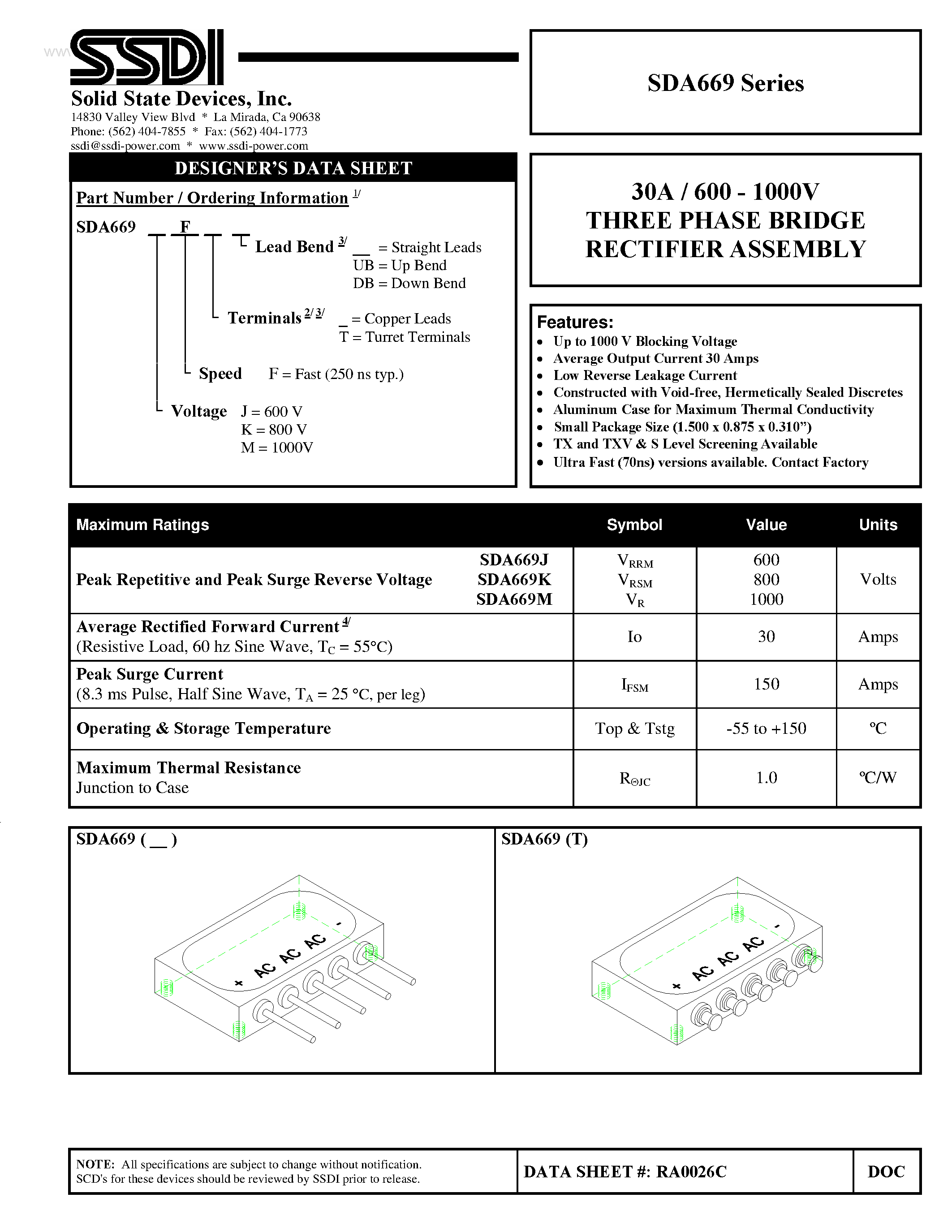 Datasheet SDA669 page 1 Datasheet SDA669 - THREE PHASE BRIDGE RECTIFIER ASSEMBLY page 1