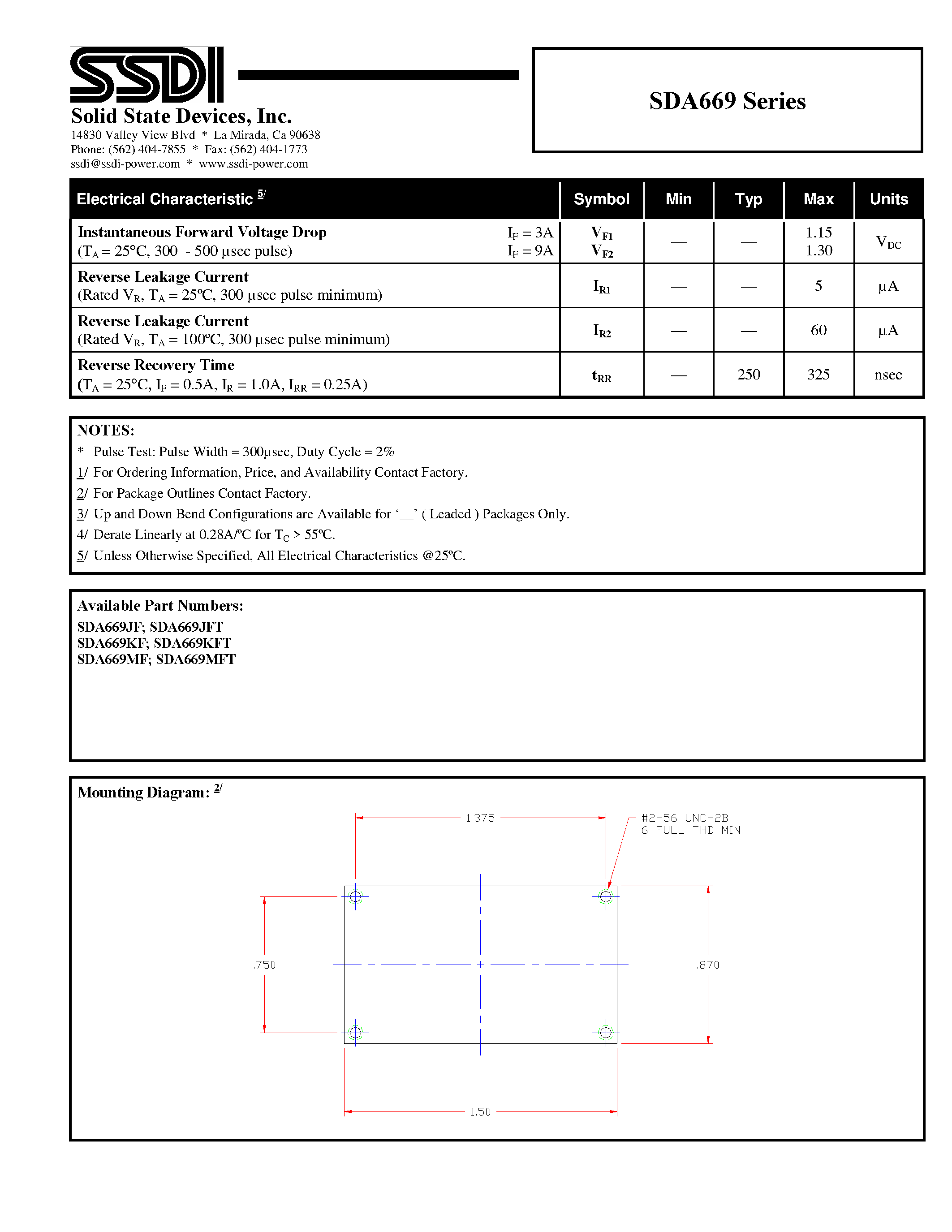 Datasheet SDA669 page 2 Datasheet SDA669 - THREE PHASE BRIDGE RECTIFIER ASSEMBLY page 2