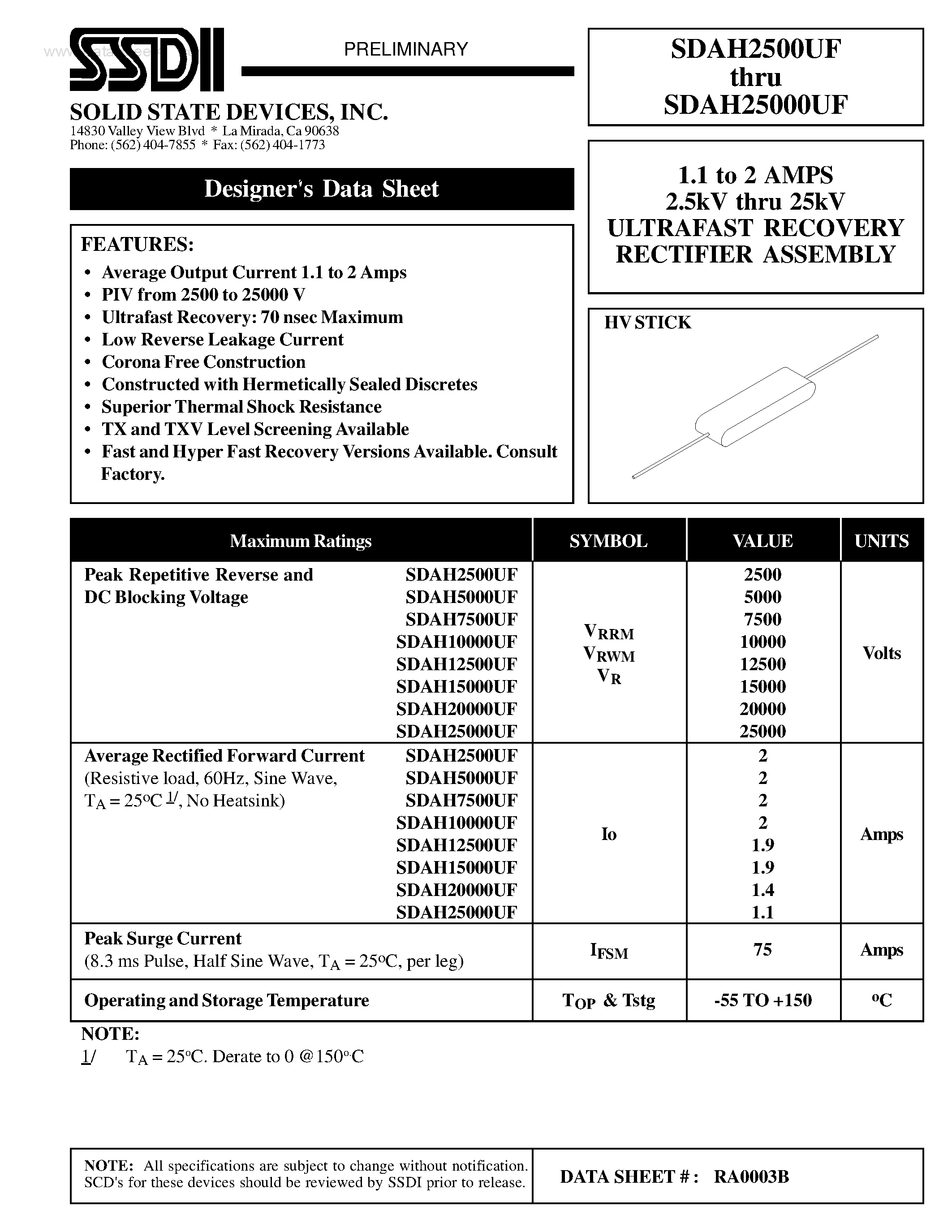 Datasheet SDAH10000UF page 1 Datasheet SDAH10000UF - (SDAH2500UF - SDAH25000UF) RAFAST RECOVERY RECTIFIER ASSEMBLY page 1