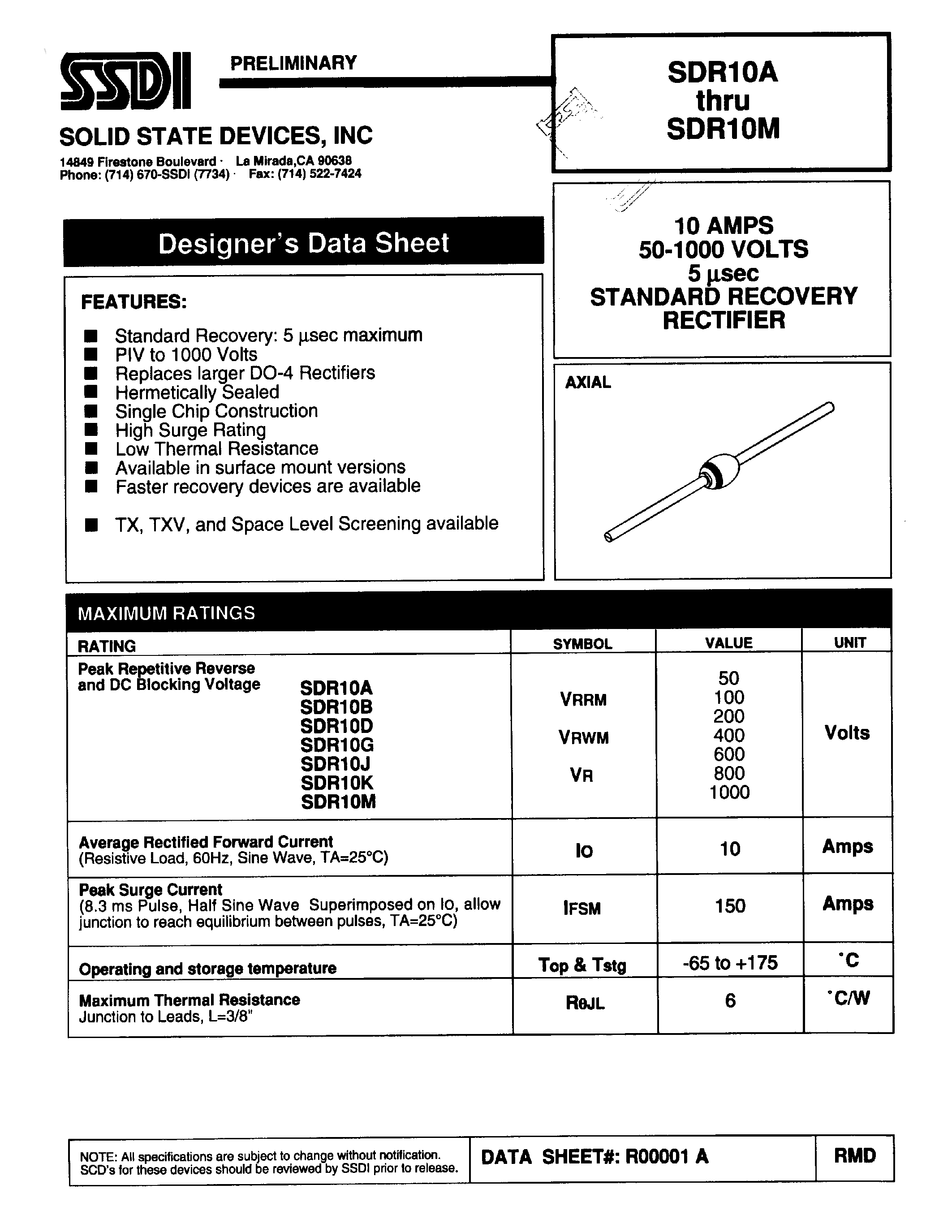 Даташит SDR10A - (SDR10A - SDR10M) STANDARD RECOVERY RECTIFIER страница 1