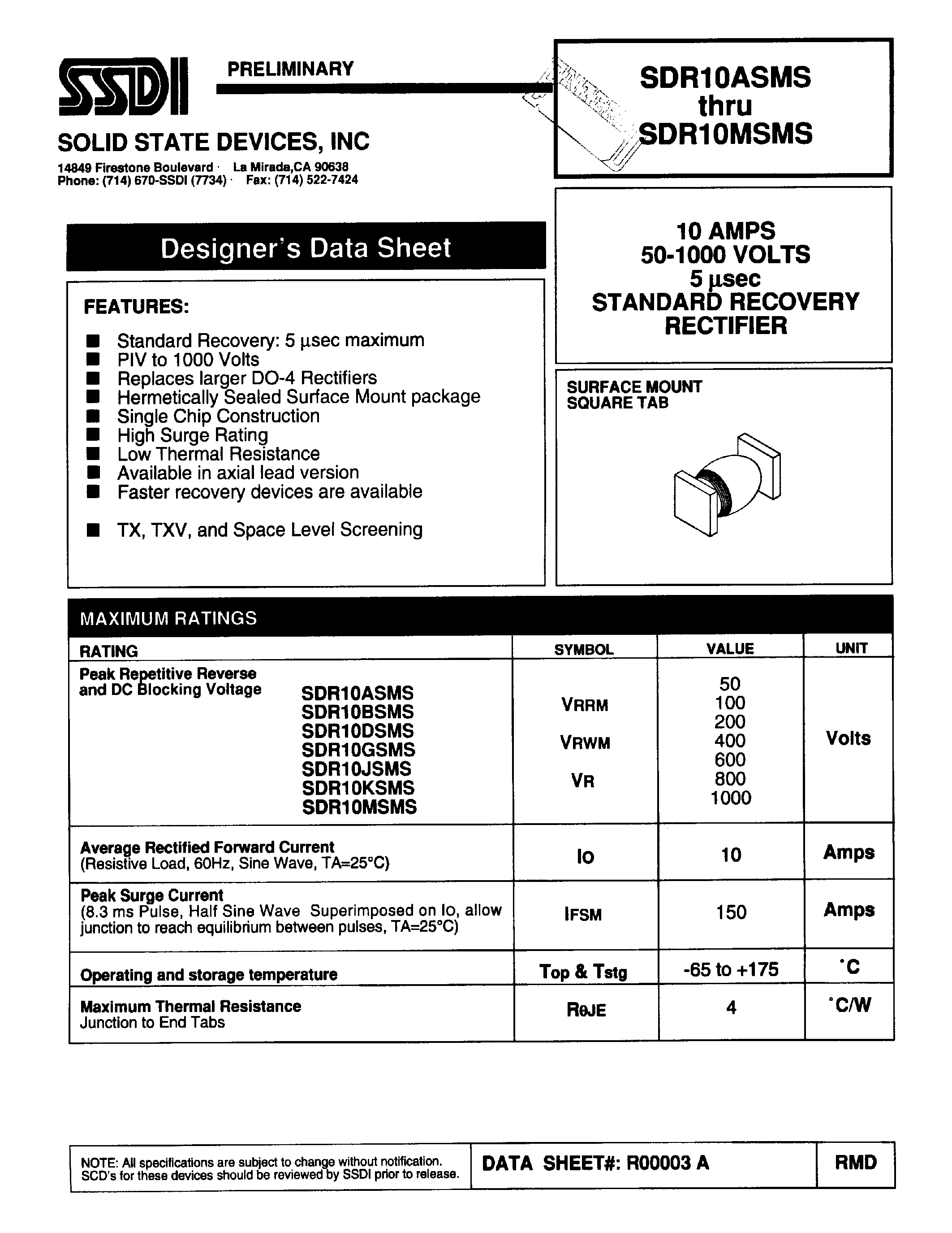 Даташит SDR10ASMS - (SDR10ASMS - SDR10MSMS) STANDARD RECOVERY RECTIFIER страница 1