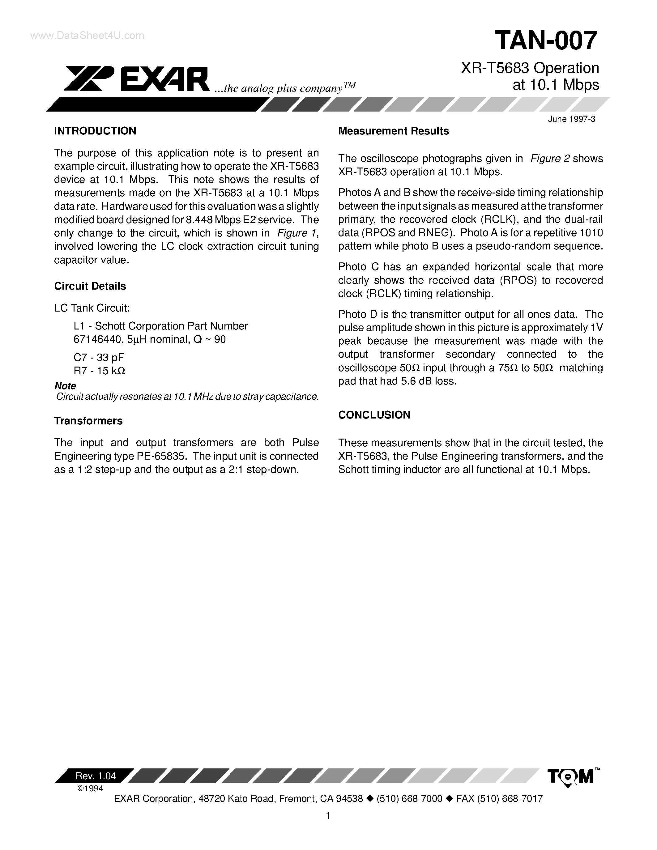 Datasheet TAN-007 - XR-T5683 Operation at 10.1 Mbps page 1