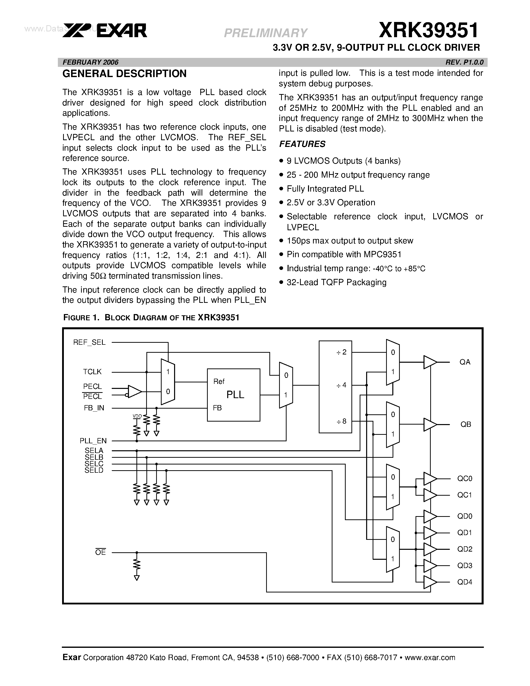 Даташит на микросхему XRK39351 страница 1 Даташит XRK39351 - 9-OUTPUT PLL CLOCK DRIVER страница 1