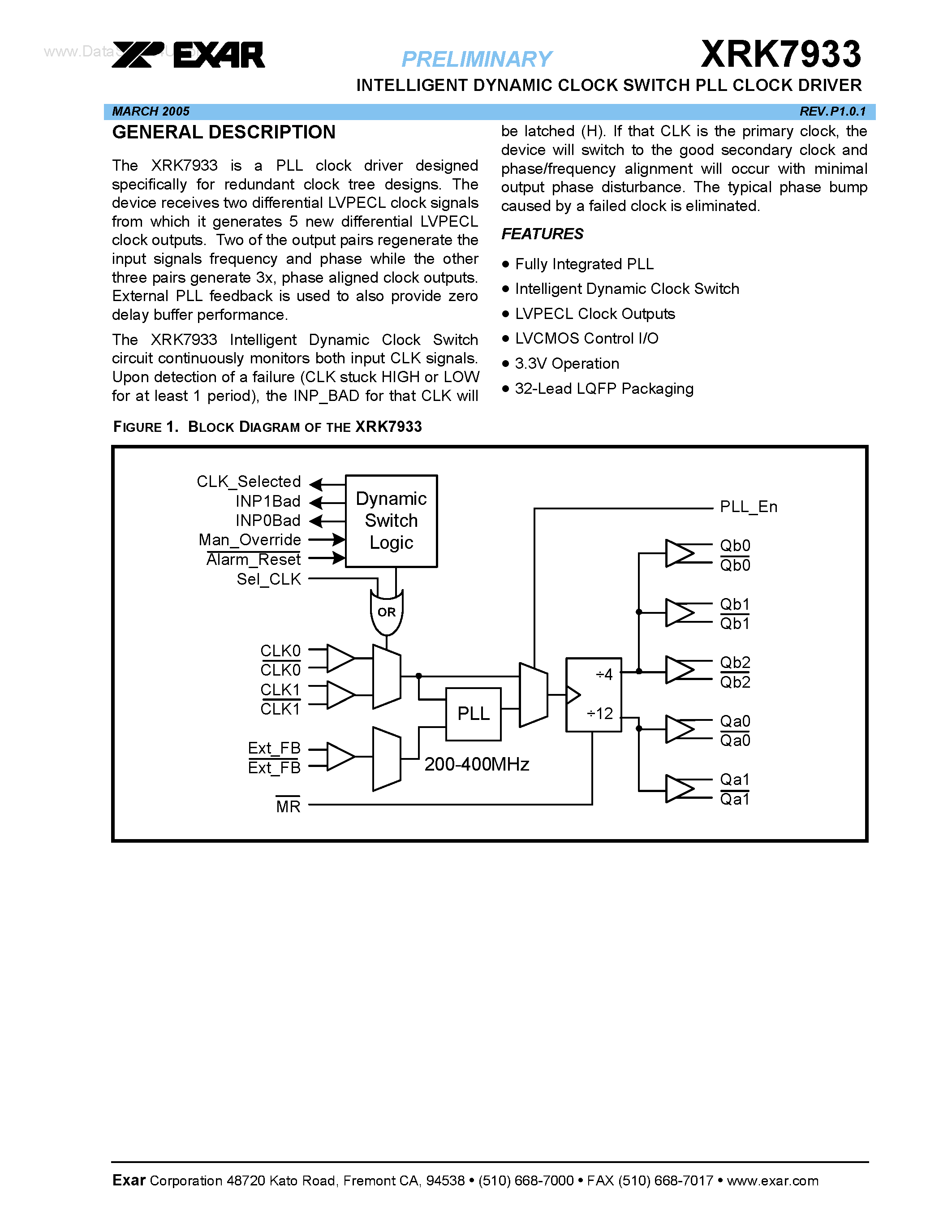 Datasheet XRK7933 - INTELLIGENT DYNAMIC CLOCK SWITCH PLL CLOCK DRIVER page 1