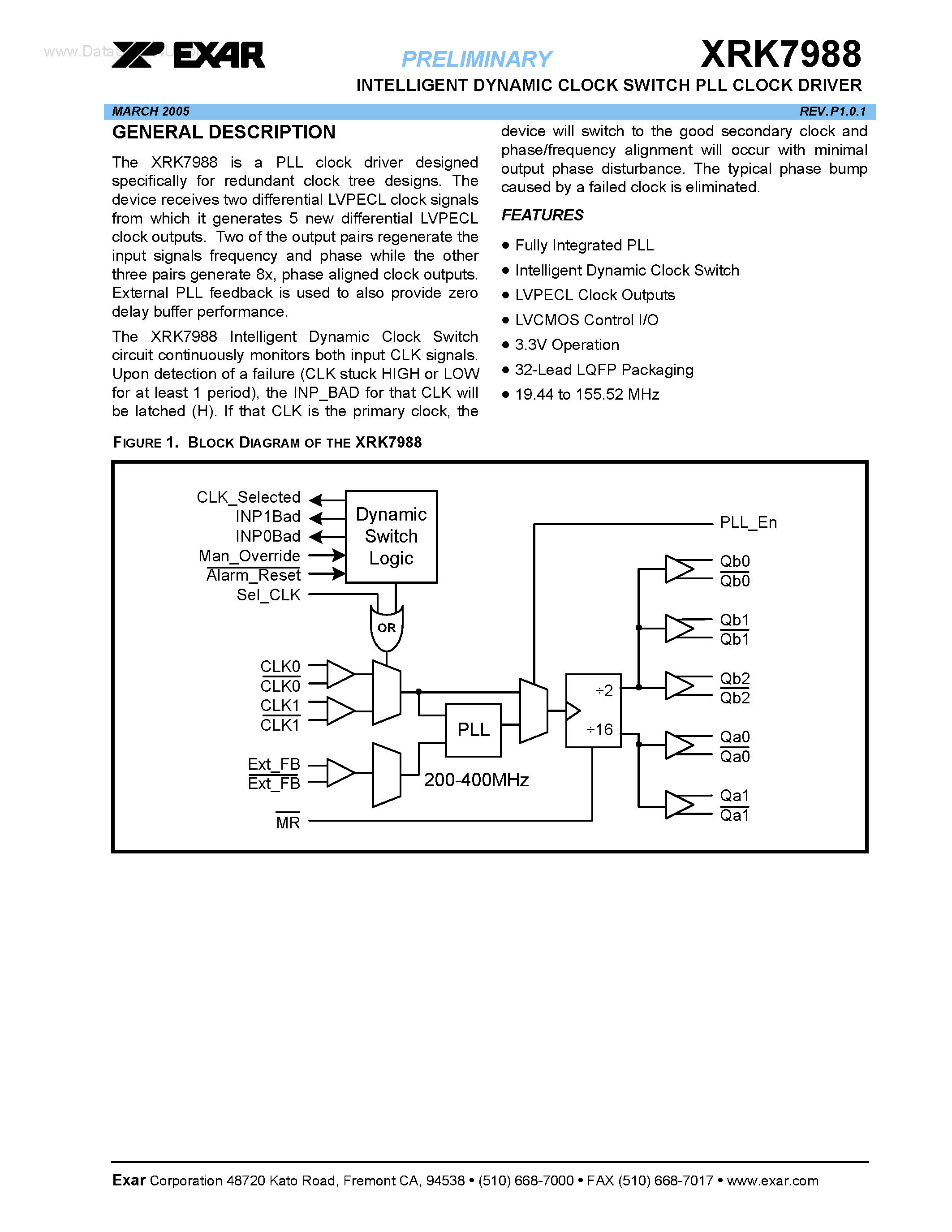 Datasheet XRK7988 - INTELLIGENT DYNAMIC CLOCK SWITCH PLL CLOCK DRIVER page 1