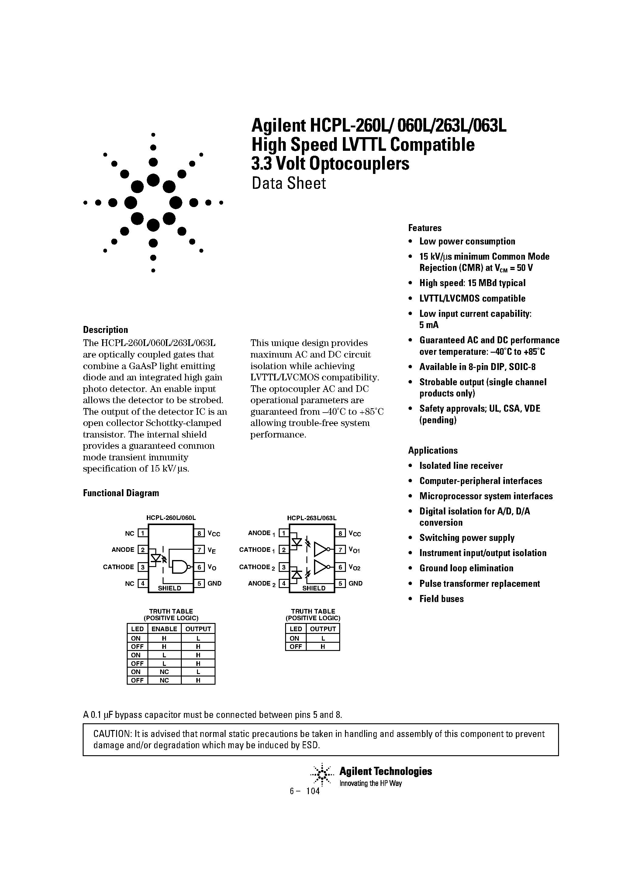 Даташит HCPL-063L - High Speed LVTTL Compatible 3.3 Volt Optocouplers страница 1