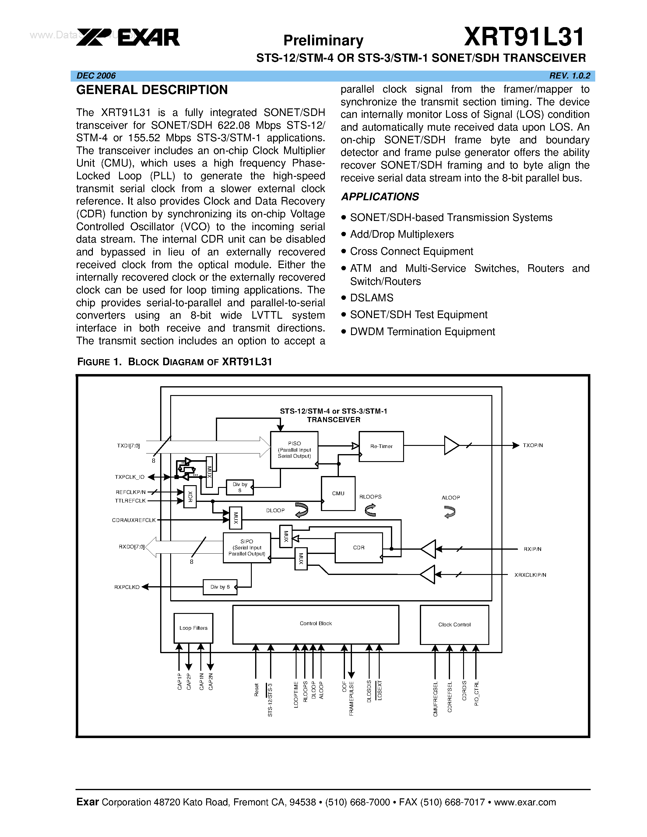 Datasheet XRT91L31 page 1 Datasheet XRT91L31 - STS-12/STM-4 OR STS-3/STM-1 SONET/SDH TRANSCEIVER page 1