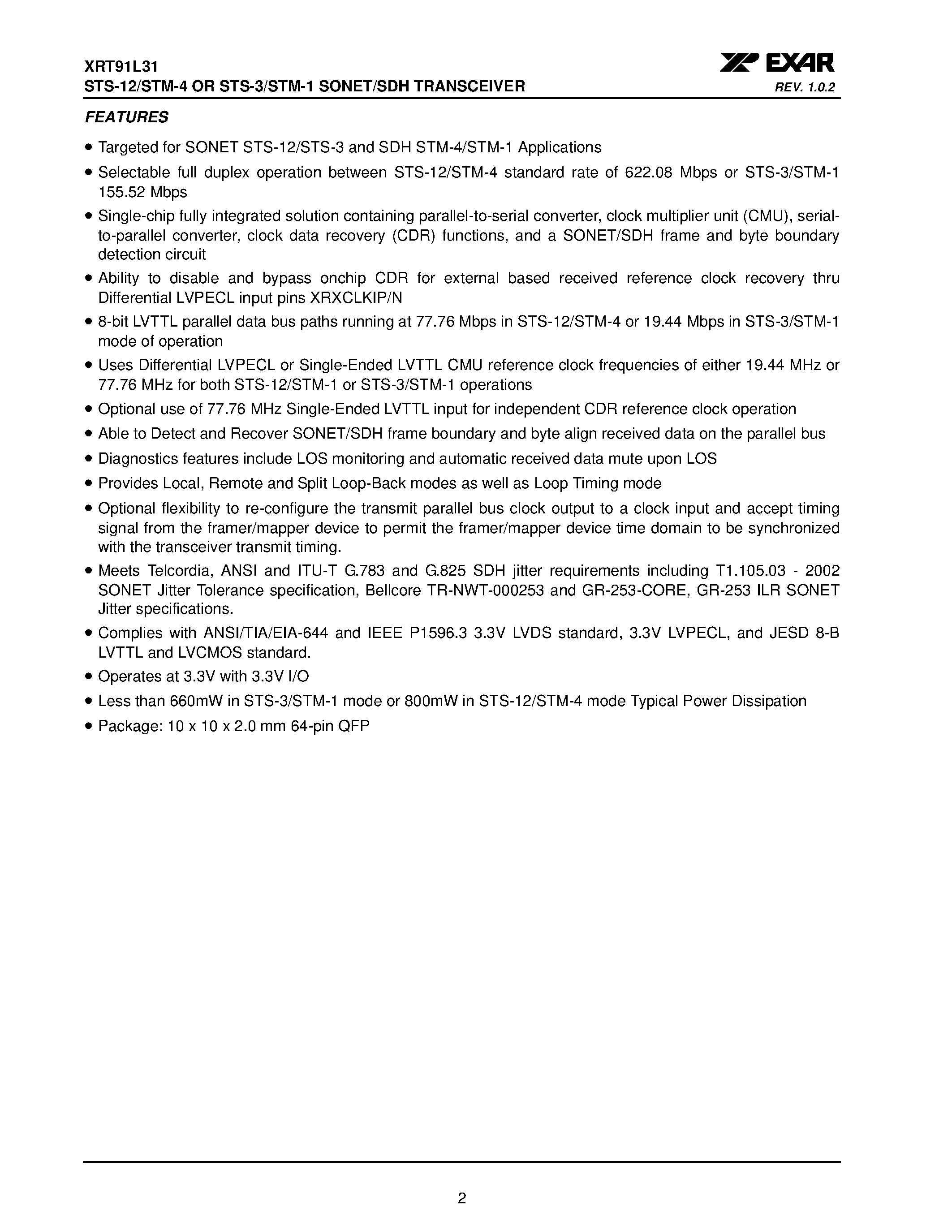 Datasheet XRT91L31 - STS-12/STM-4 OR STS-3/STM-1 SONET/SDH TRANSCEIVER page 2