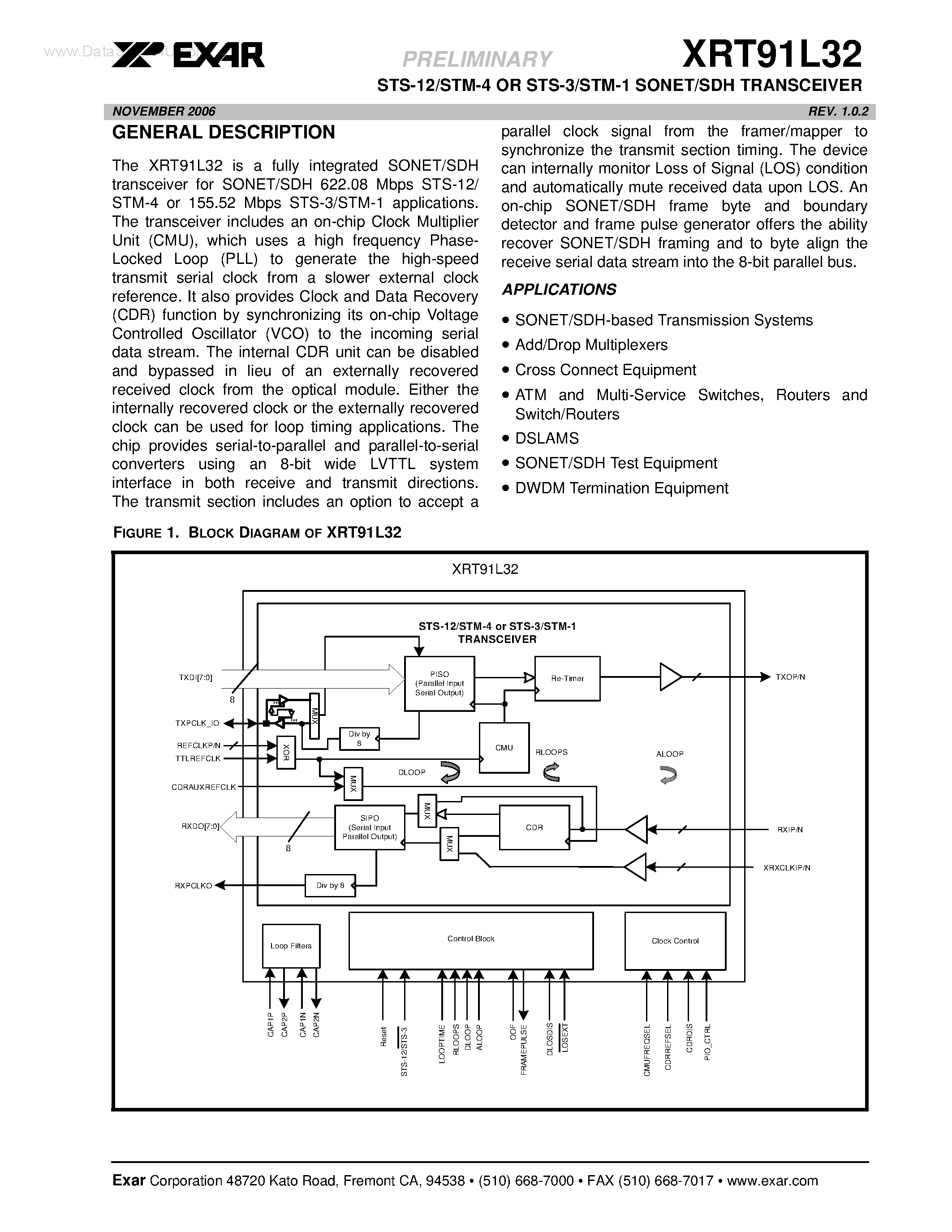 Datasheet XRT91L32 - STS-12/STM-4 OR STS-3/STM-1 SONET/SDH TRANSCEIVER page 1