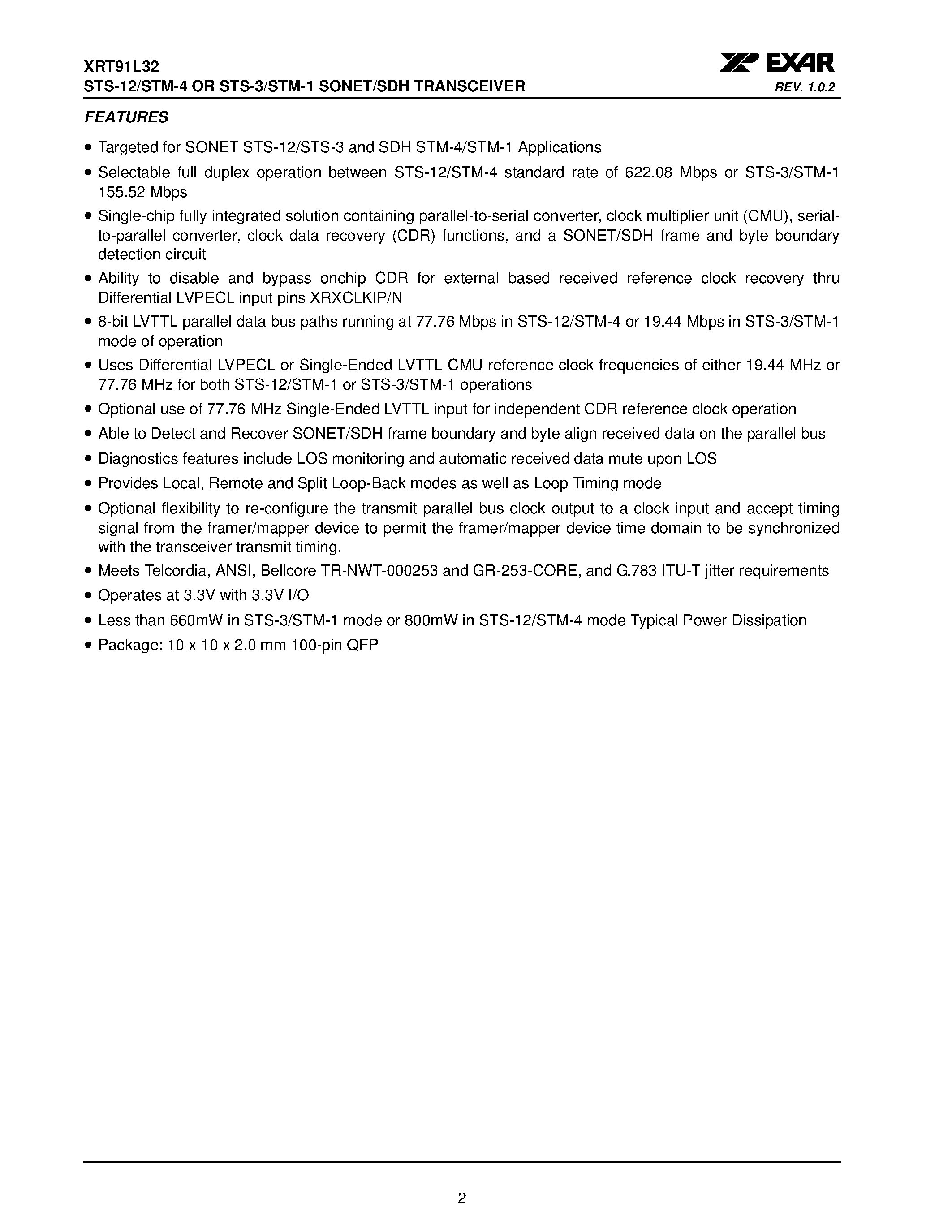 Datasheet XRT91L32 - STS-12/STM-4 OR STS-3/STM-1 SONET/SDH TRANSCEIVER page 2