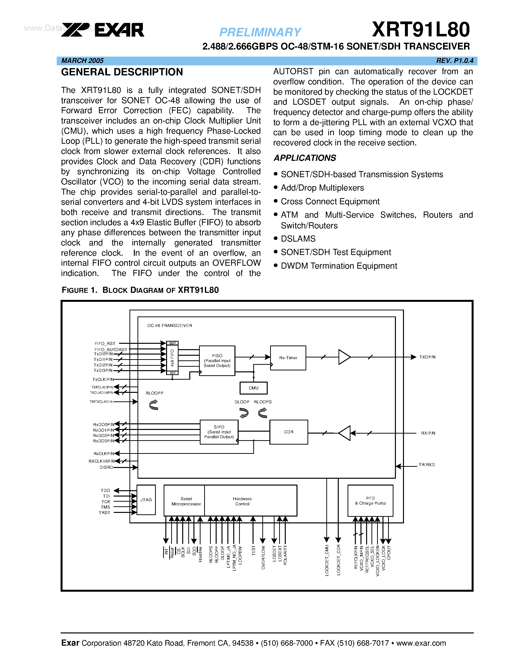 Datasheet XRT91L80 - 2.488/2.666GBPS OC-48/STM-16 SONET/SDH TRANSCEIVER page 1