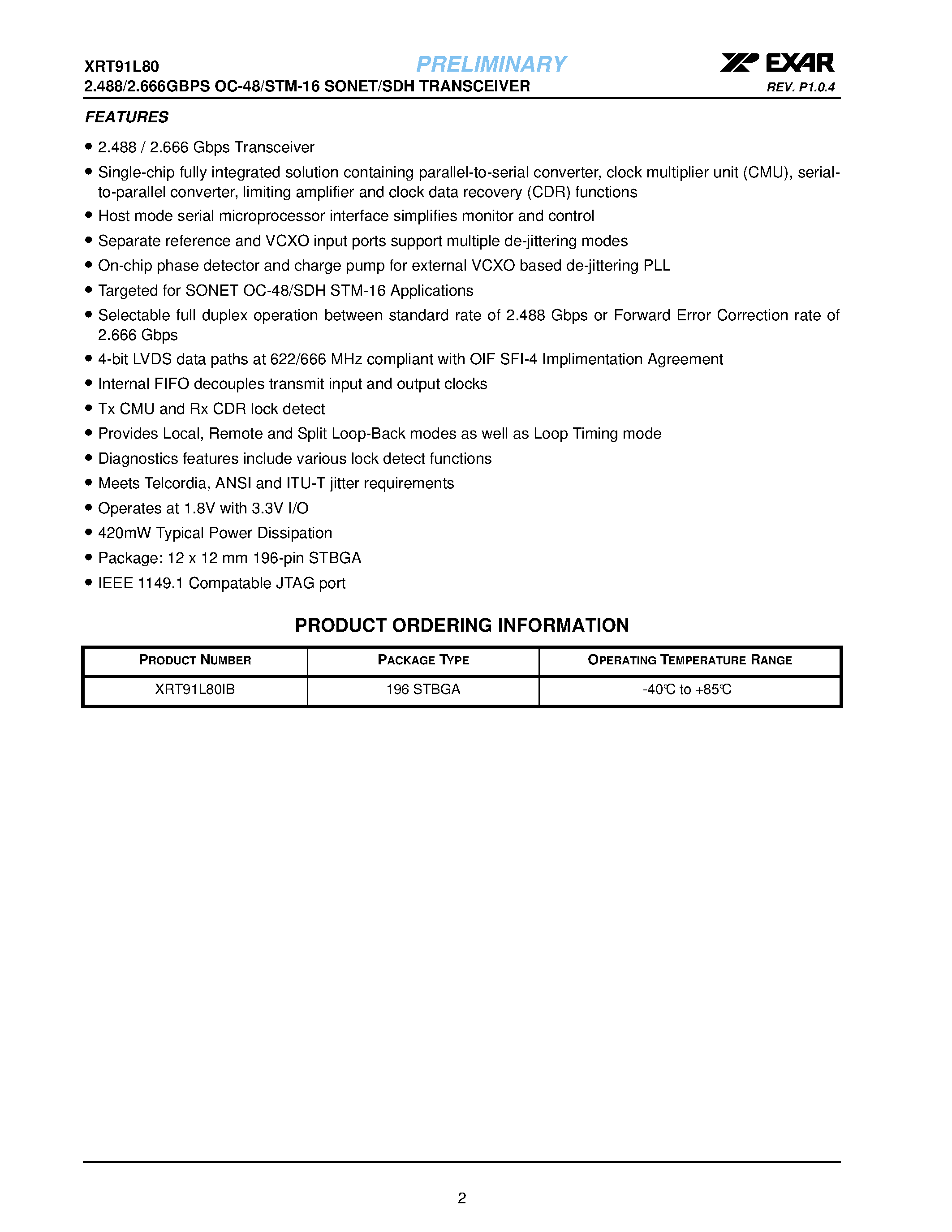 Datasheet XRT91L80 - 2.488/2.666GBPS OC-48/STM-16 SONET/SDH TRANSCEIVER page 2
