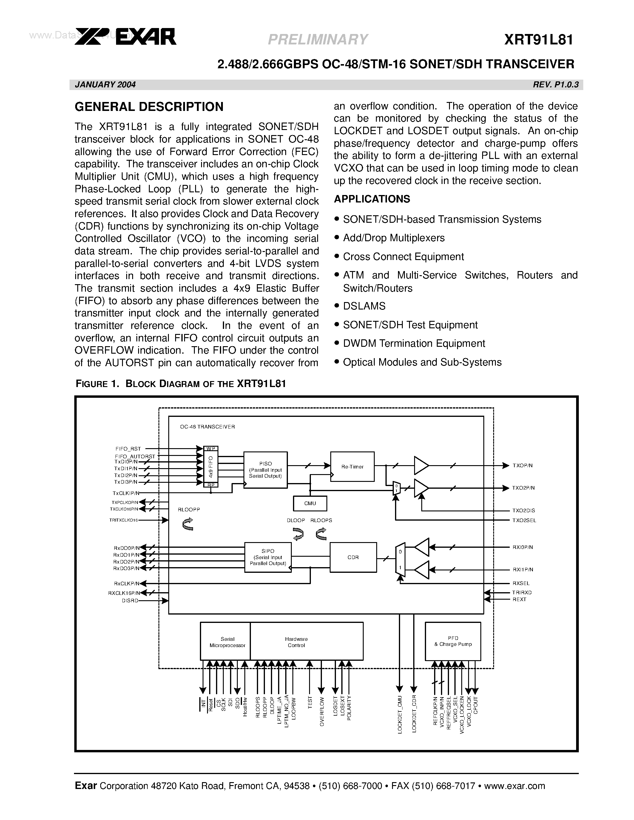 Datasheet XRT91L81 - 2.488/2.666GBPS OC-48/STM-16 SONET/SDH TRANSCEIVER page 1
