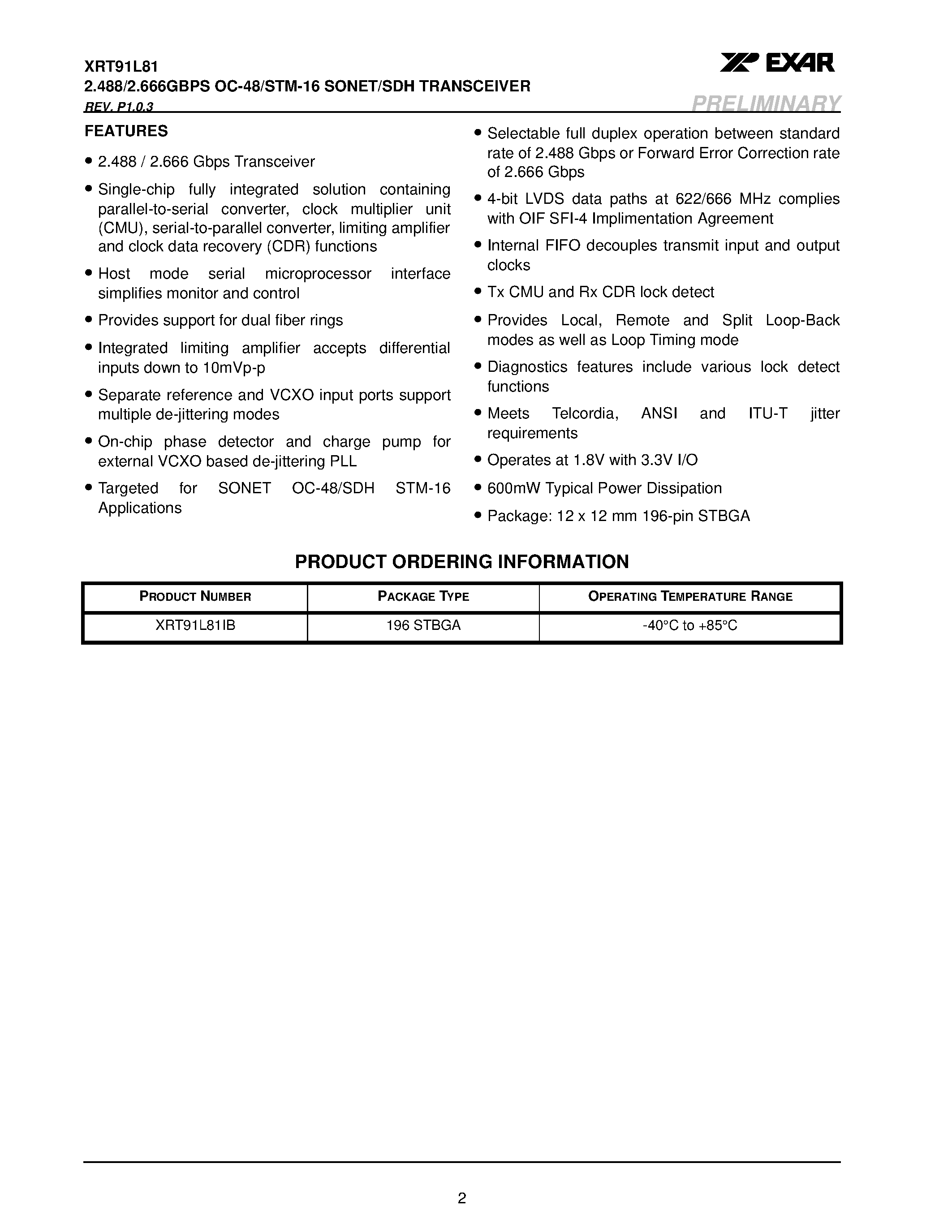 Datasheet XRT91L81 - 2.488/2.666GBPS OC-48/STM-16 SONET/SDH TRANSCEIVER page 2