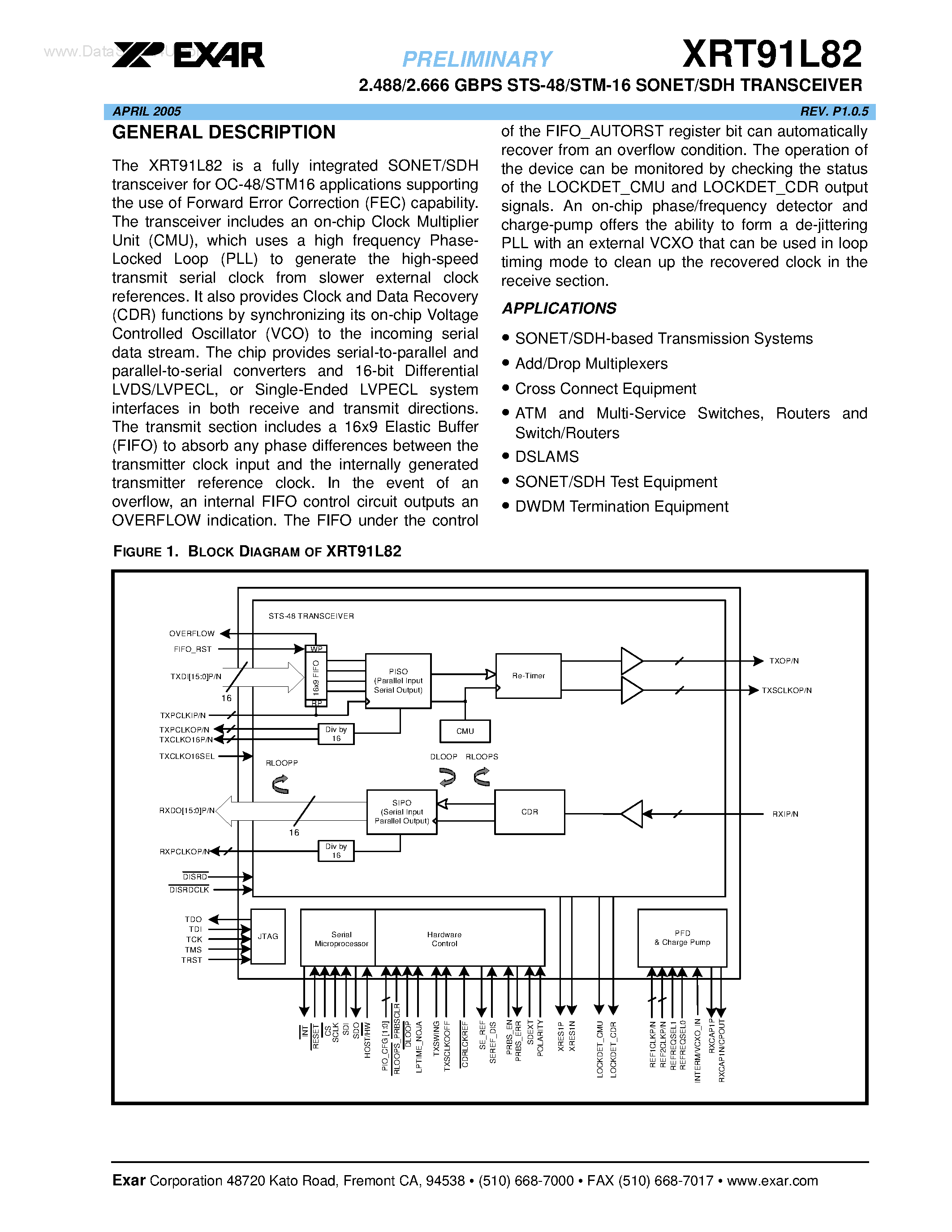 Datasheet XRT91L82 - 2.488/2.666 GBPS STS-48/STM-16 SONET/SDH TRANSCEIVER page 1