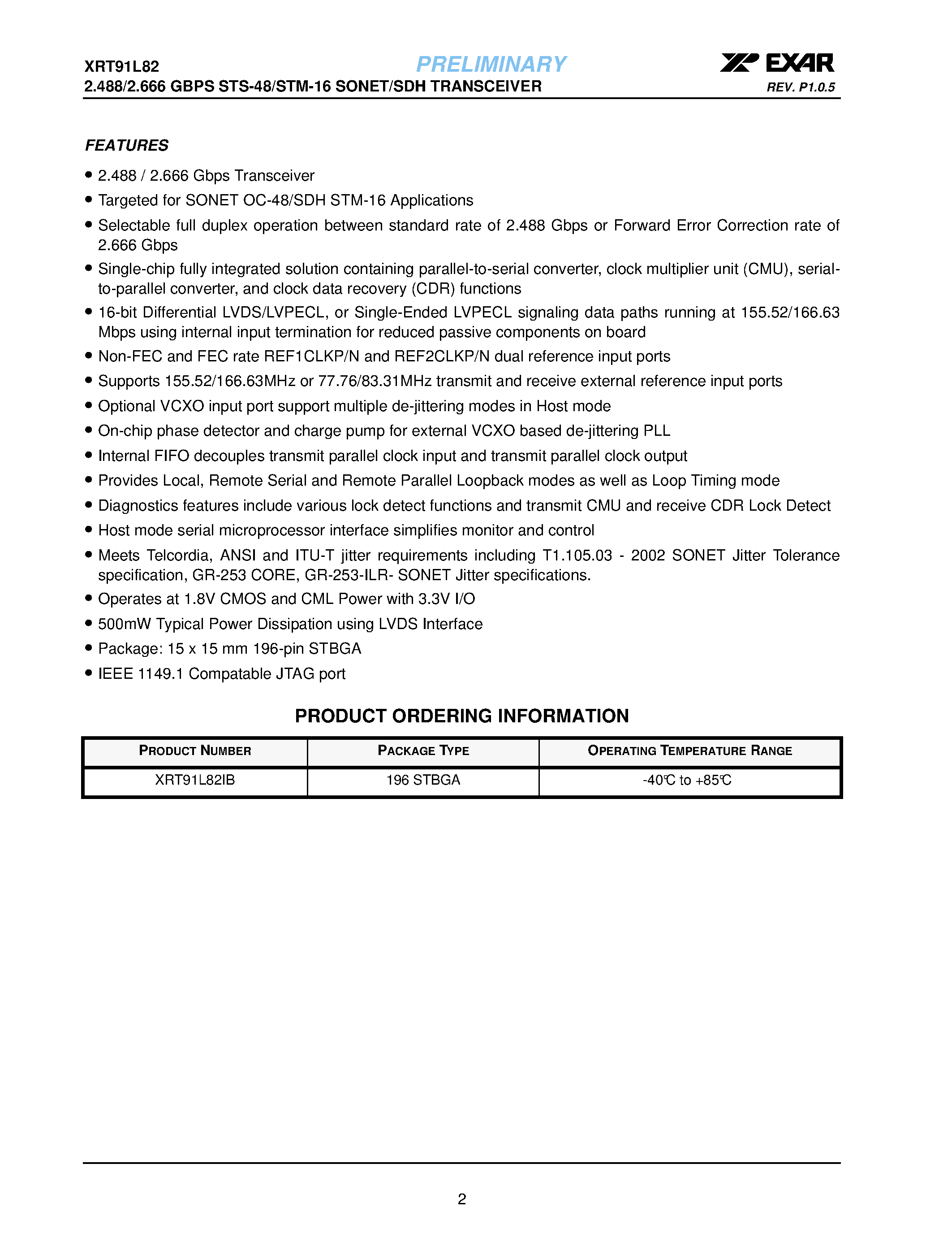 Datasheet XRT91L82 - 2.488/2.666 GBPS STS-48/STM-16 SONET/SDH TRANSCEIVER page 2