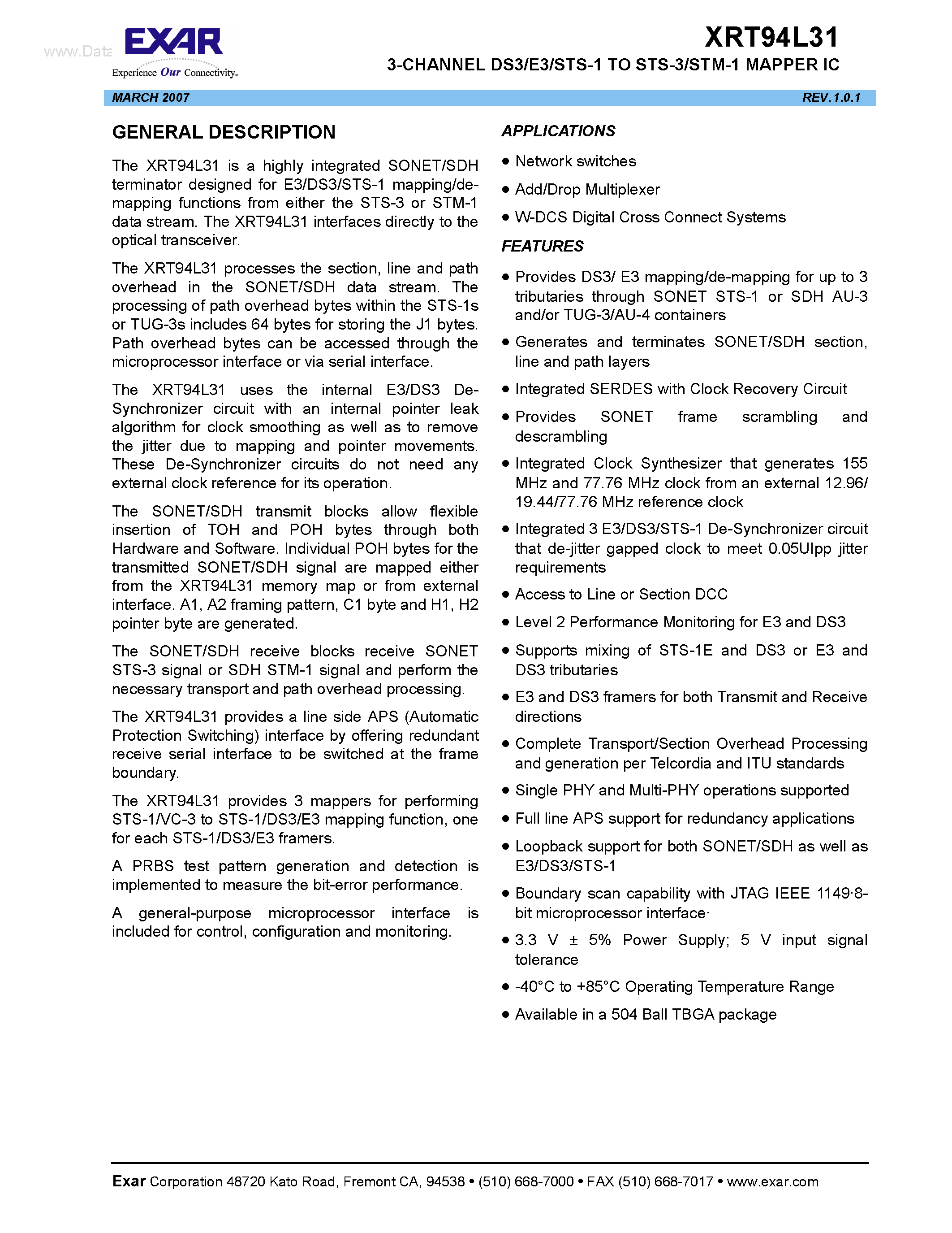 Datasheet XRT94L31 - 3-CHANNEL DS3/E3/STS-1 TO STS-3/STM-1 MAPPER page 1