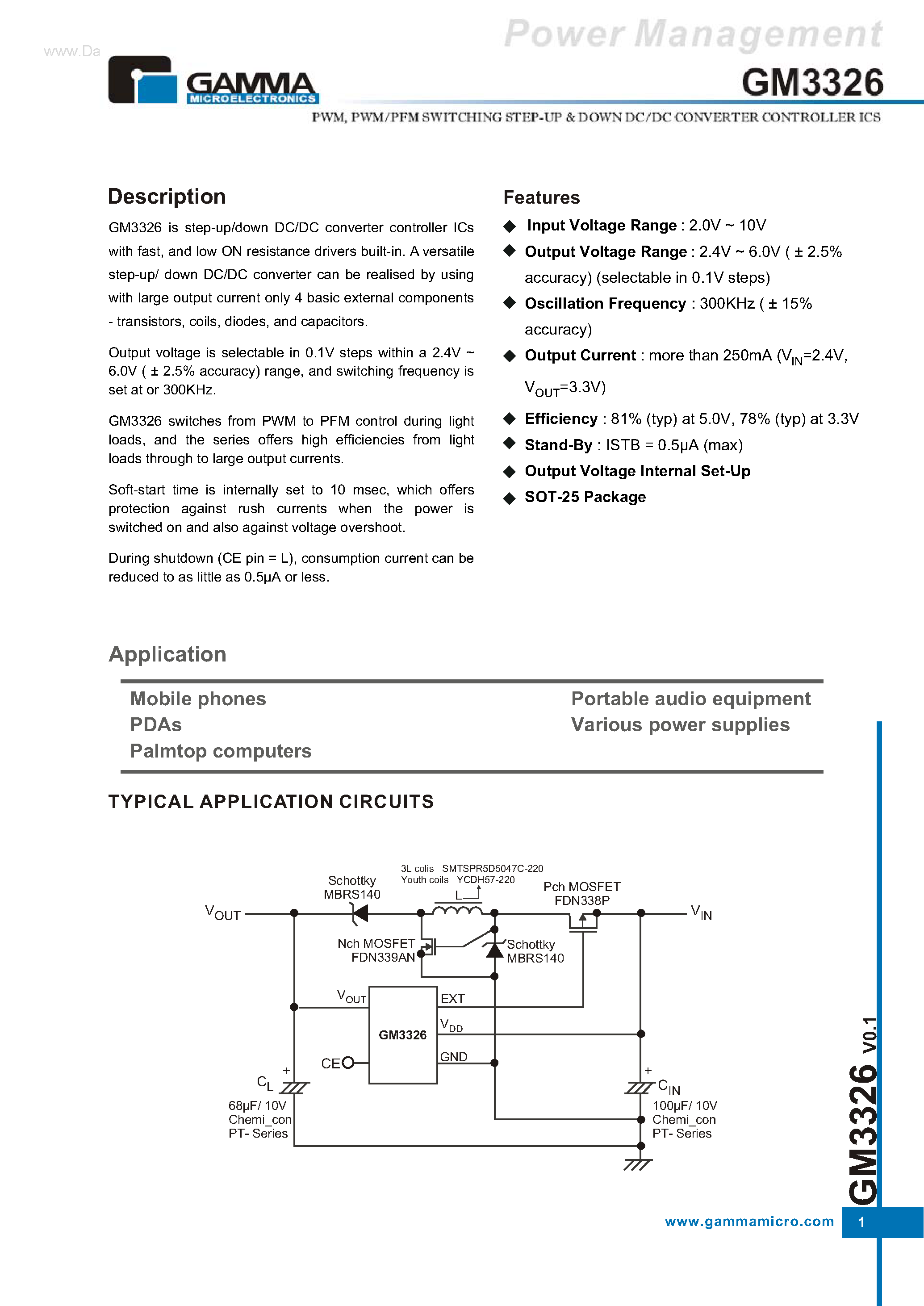Даташит на микросхему GM3326 страница 1 Даташит GM3326 - STEP-UP & DOWN DC/DC CONVERTER CONTROLLER ICS страница 1