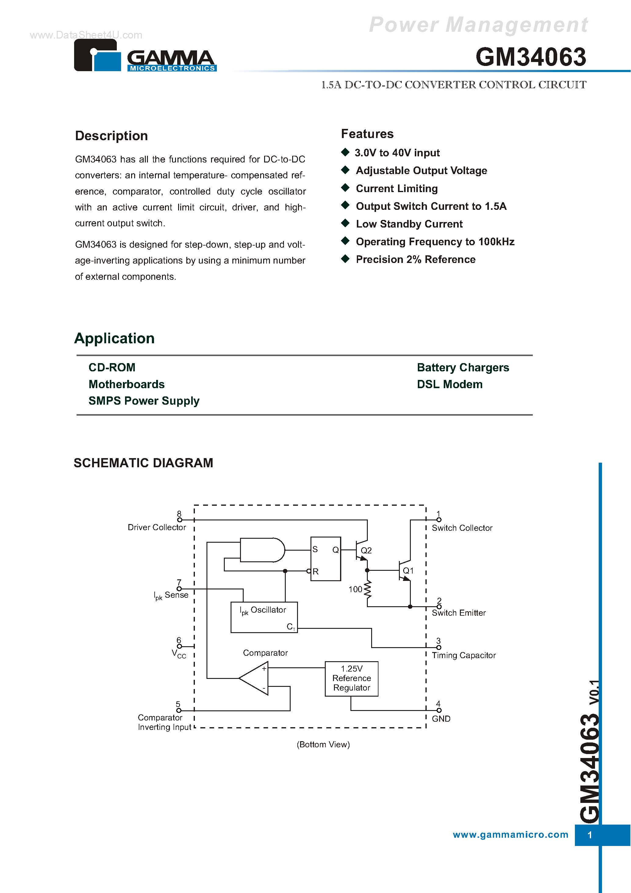 Даташит на микросхему GM34063 страница 1 Даташит GM34063 - 1.5A DC-TO-DC CONVERTER CONTROL CIRCUIT страница 1