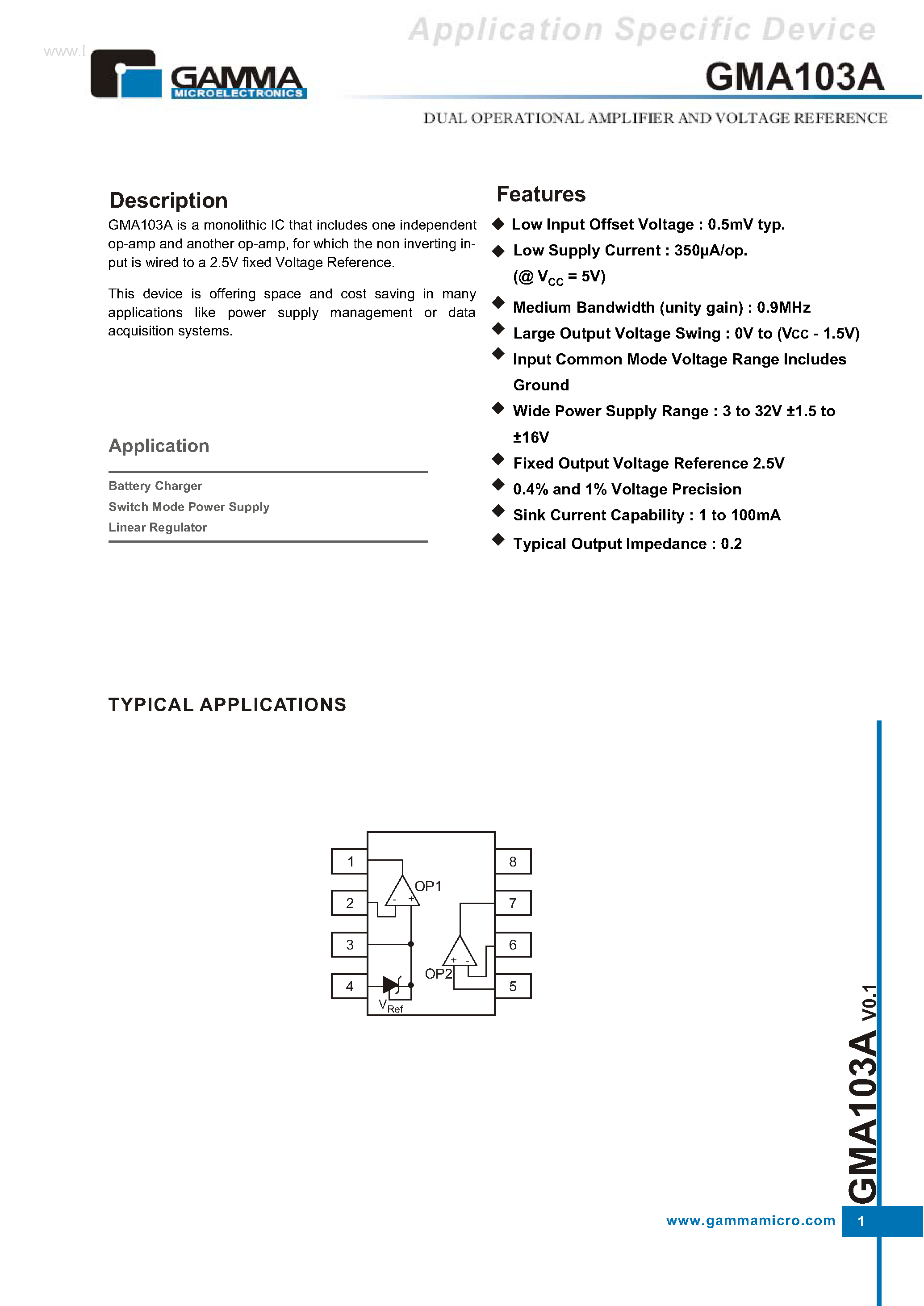 Даташит GMA103A - DUAL OPERATIONAL AMPLIFIER AND VOLTAGE REFERENCE страница 1