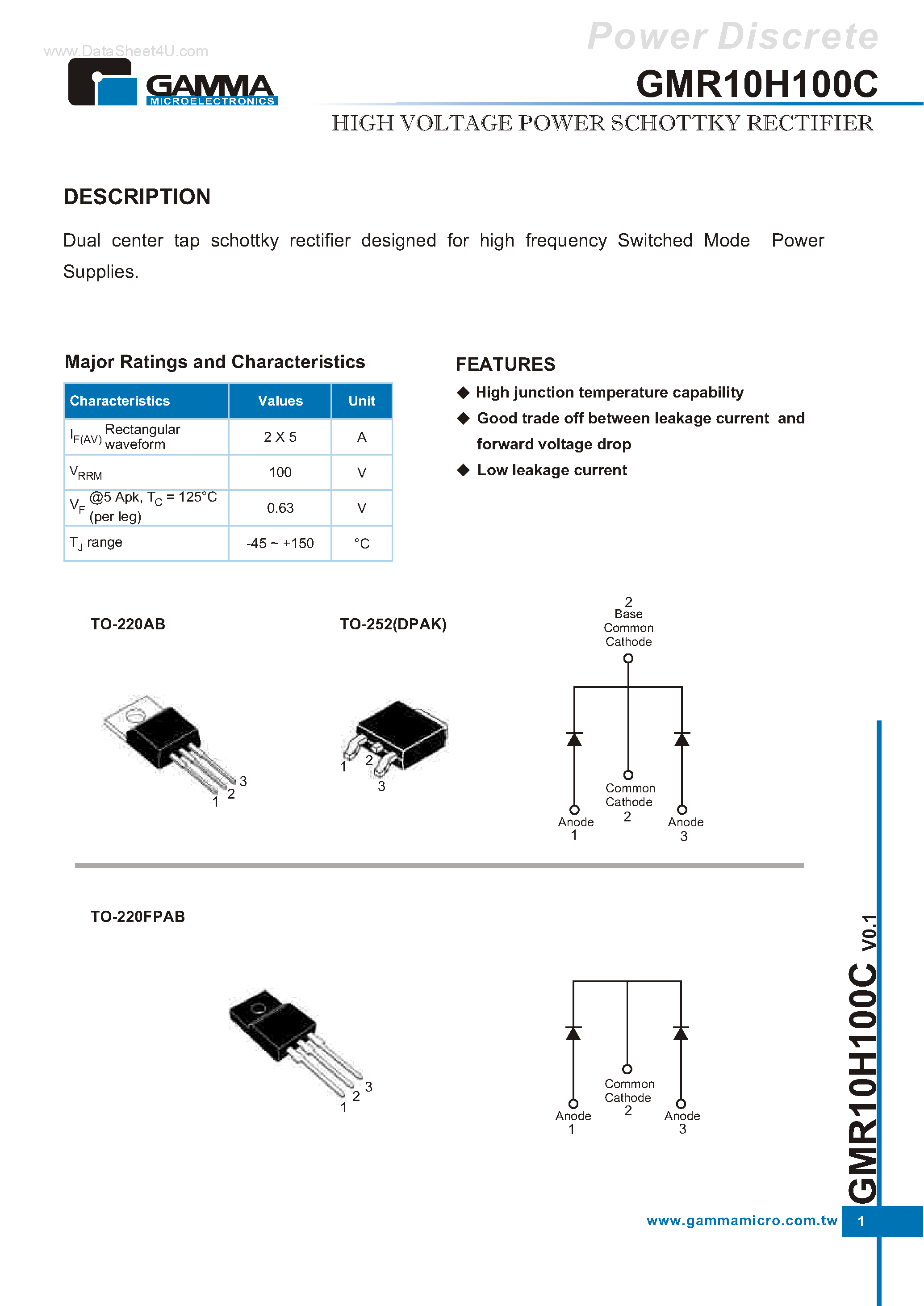 Datasheet GMR10H100C page 1 Datasheet GMR10H100C - HIGH VOLTAGE POWER SCHOTTKY RECTIFIER page 1