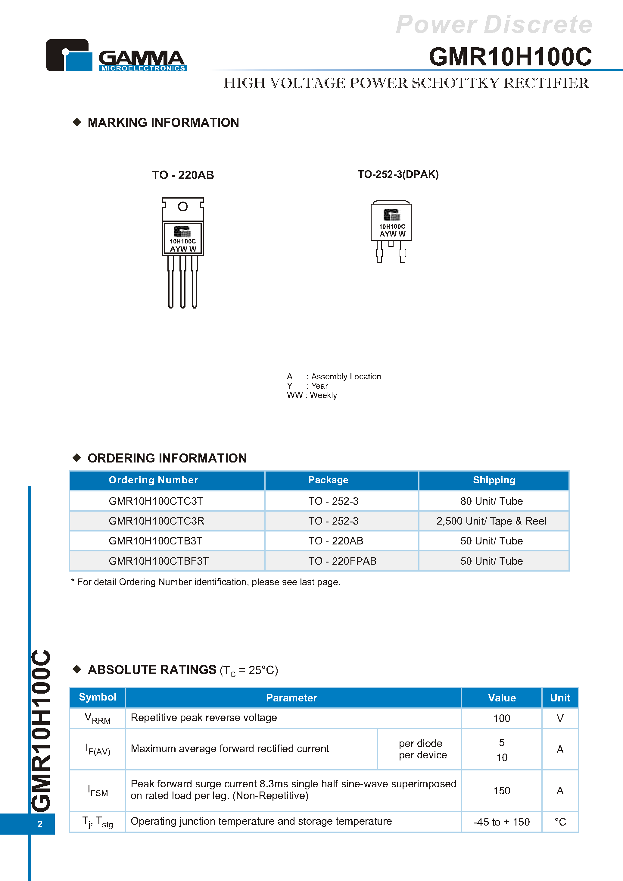 Datasheet GMR10H100C page 2 Datasheet GMR10H100C - HIGH VOLTAGE POWER SCHOTTKY RECTIFIER page 2