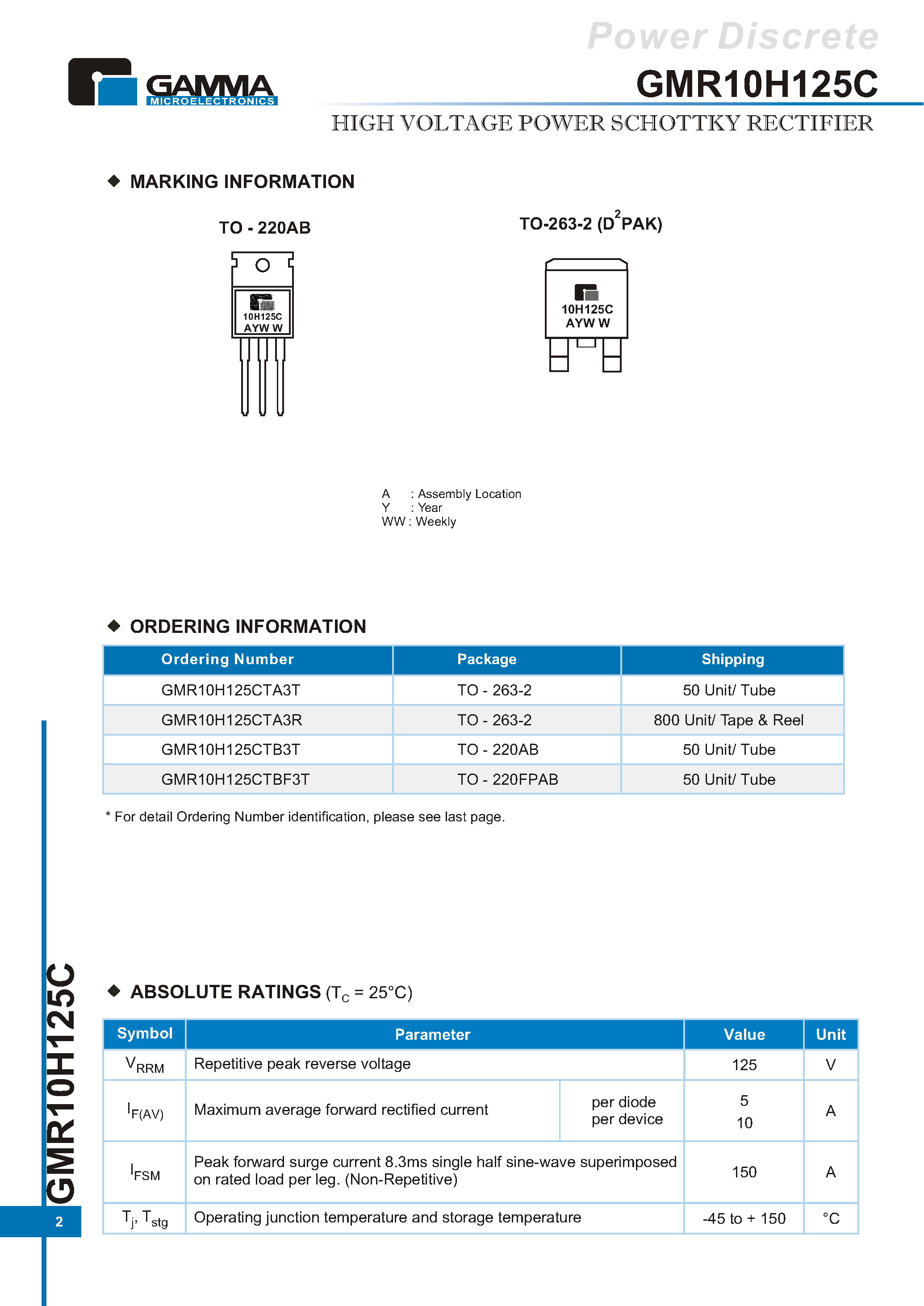 Datasheet GMR10H125C page 2 Datasheet GMR10H125C - HIGH VOLTAGE POWER SCHOTTKY RECTIFIER page 2