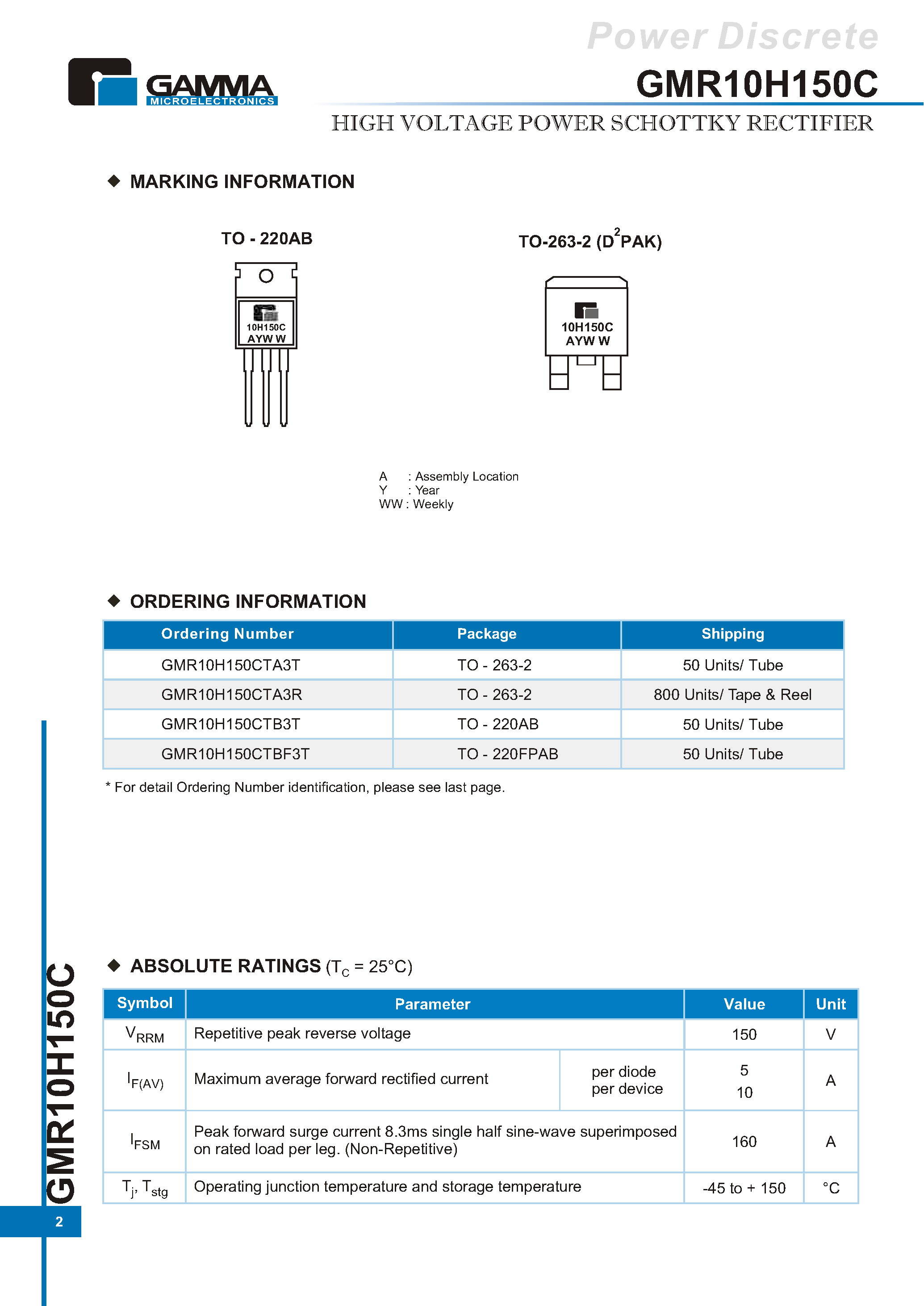 Datasheet GMR10H150C page 2 Datasheet GMR10H150C - HIGH VOLTAGE POWER SCHOTTKY RECTIFIER page 2