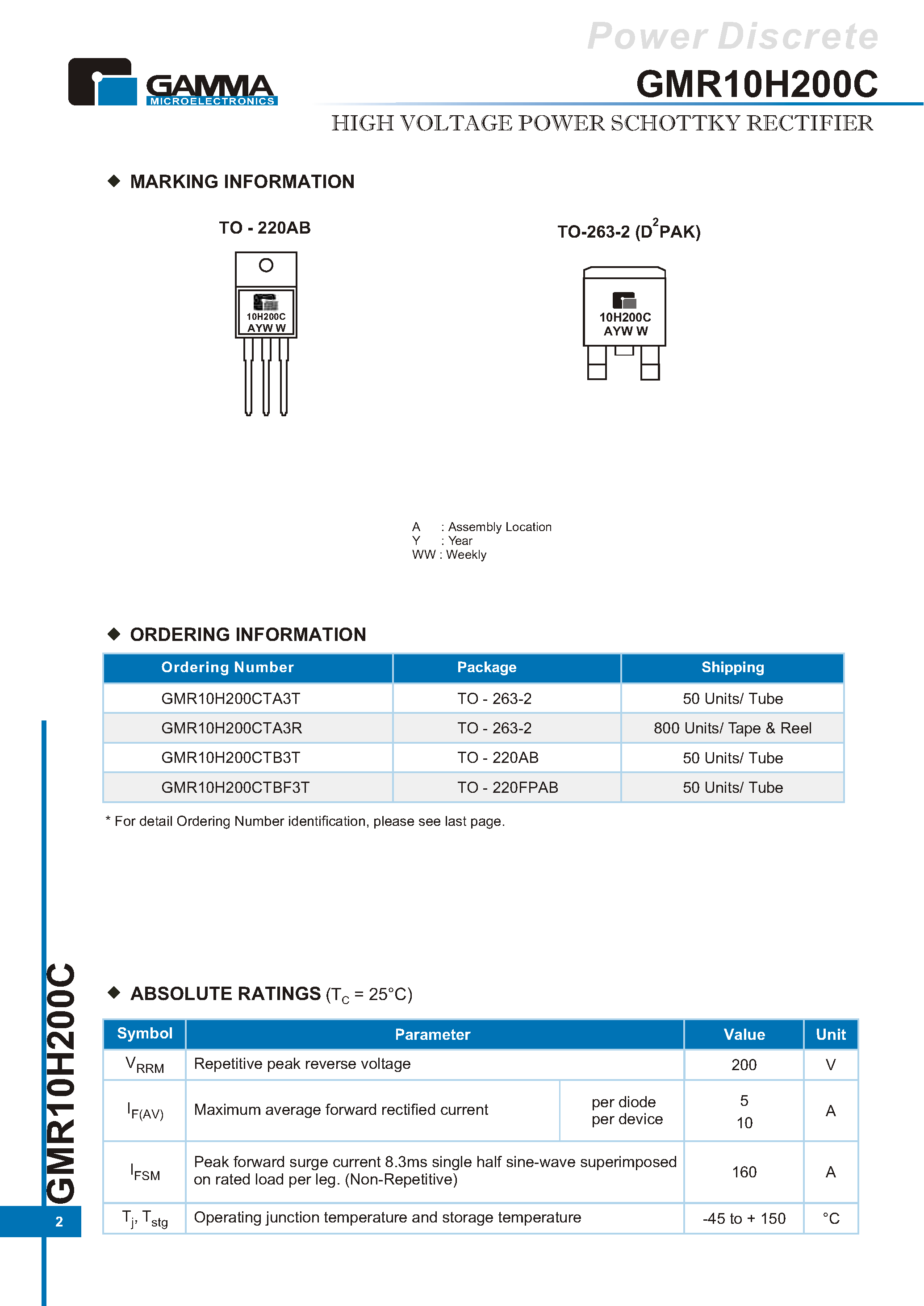 Datasheet GMR10H200C page 2 Datasheet GMR10H200C - HIGH VOLTAGE POWER SCHOTTKY RECTIFIER page 2