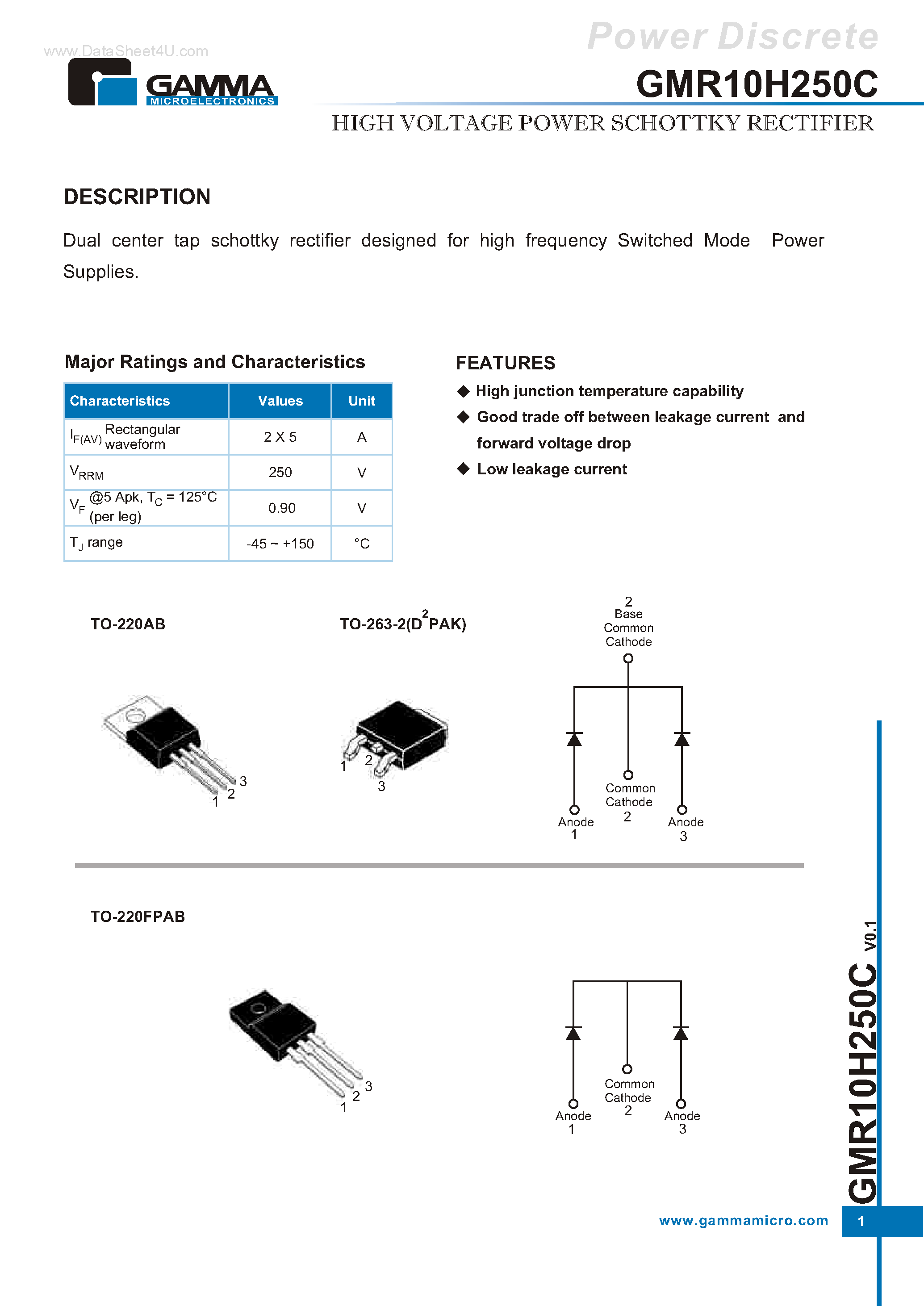 Datasheet GMR10H250C - HIGH VOLTAGE POWER SCHOTTKY RECTIFIER page 1