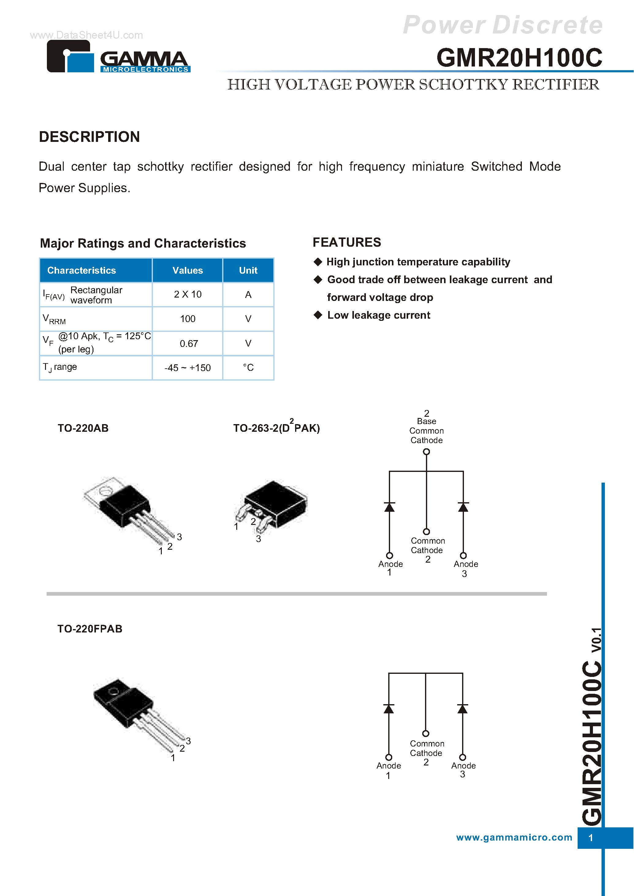 Datasheet GMR20H100C page 1 Datasheet GMR20H100C - HIGH VOLTAGE POWER SCHOTTKY RECTIFIER page 1