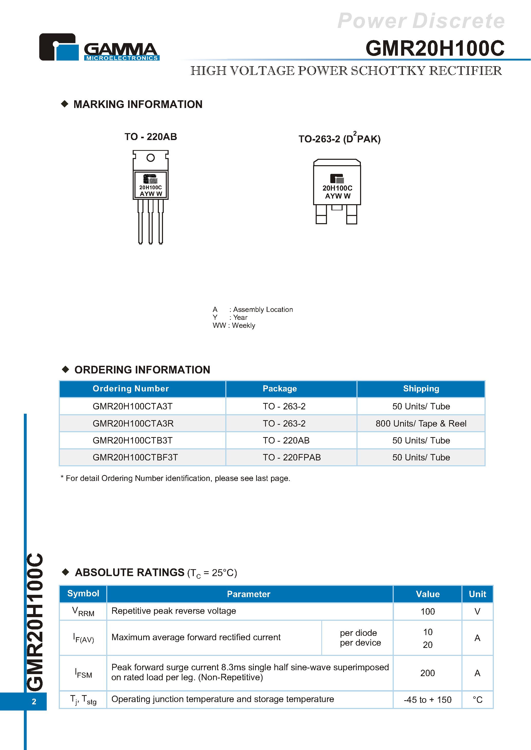 Datasheet GMR20H100C page 2 Datasheet GMR20H100C - HIGH VOLTAGE POWER SCHOTTKY RECTIFIER page 2