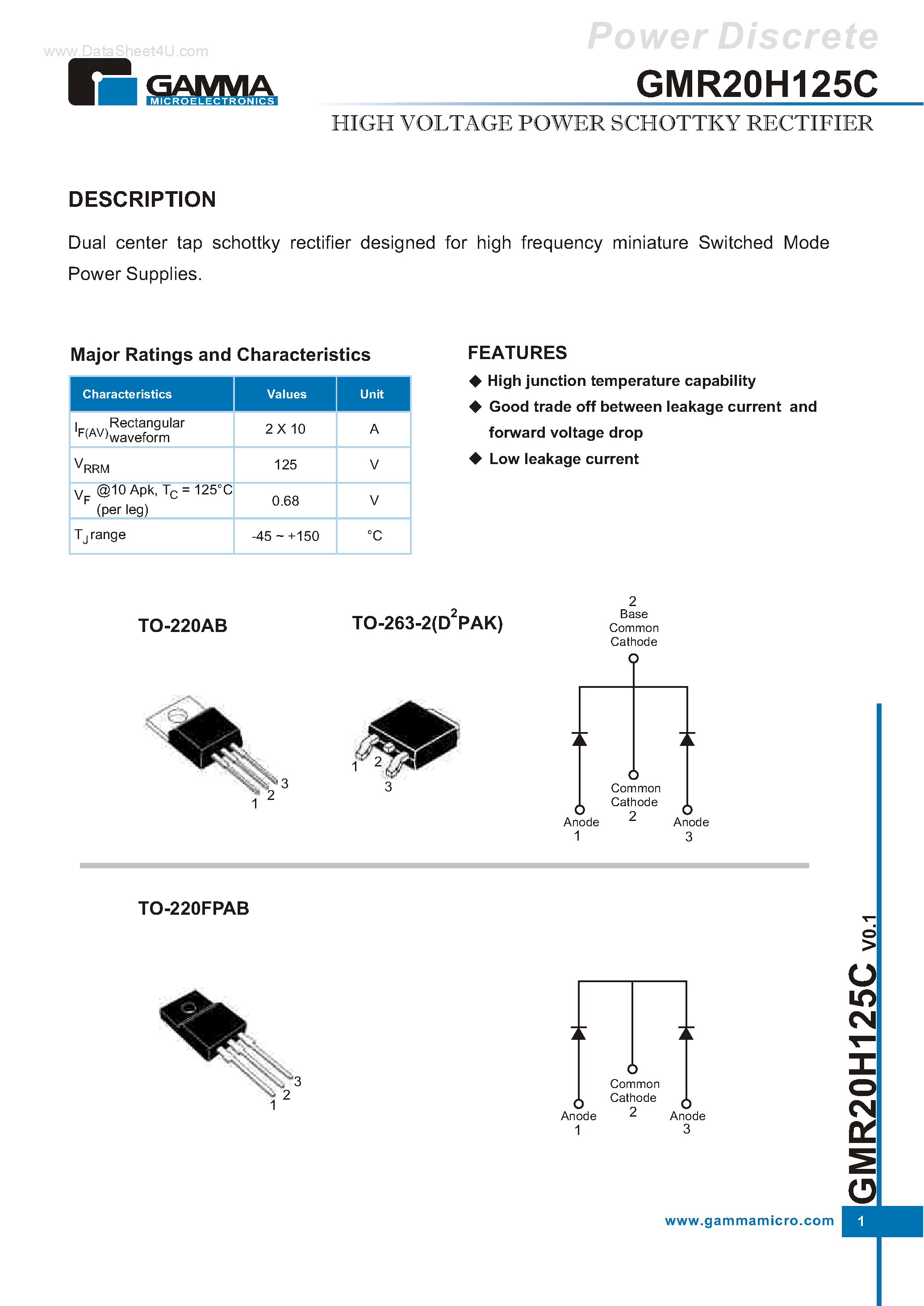 Datasheet GMR20H125C - HIGH VOLTAGE POWER SCHOTTKY RECTIFIER page 1