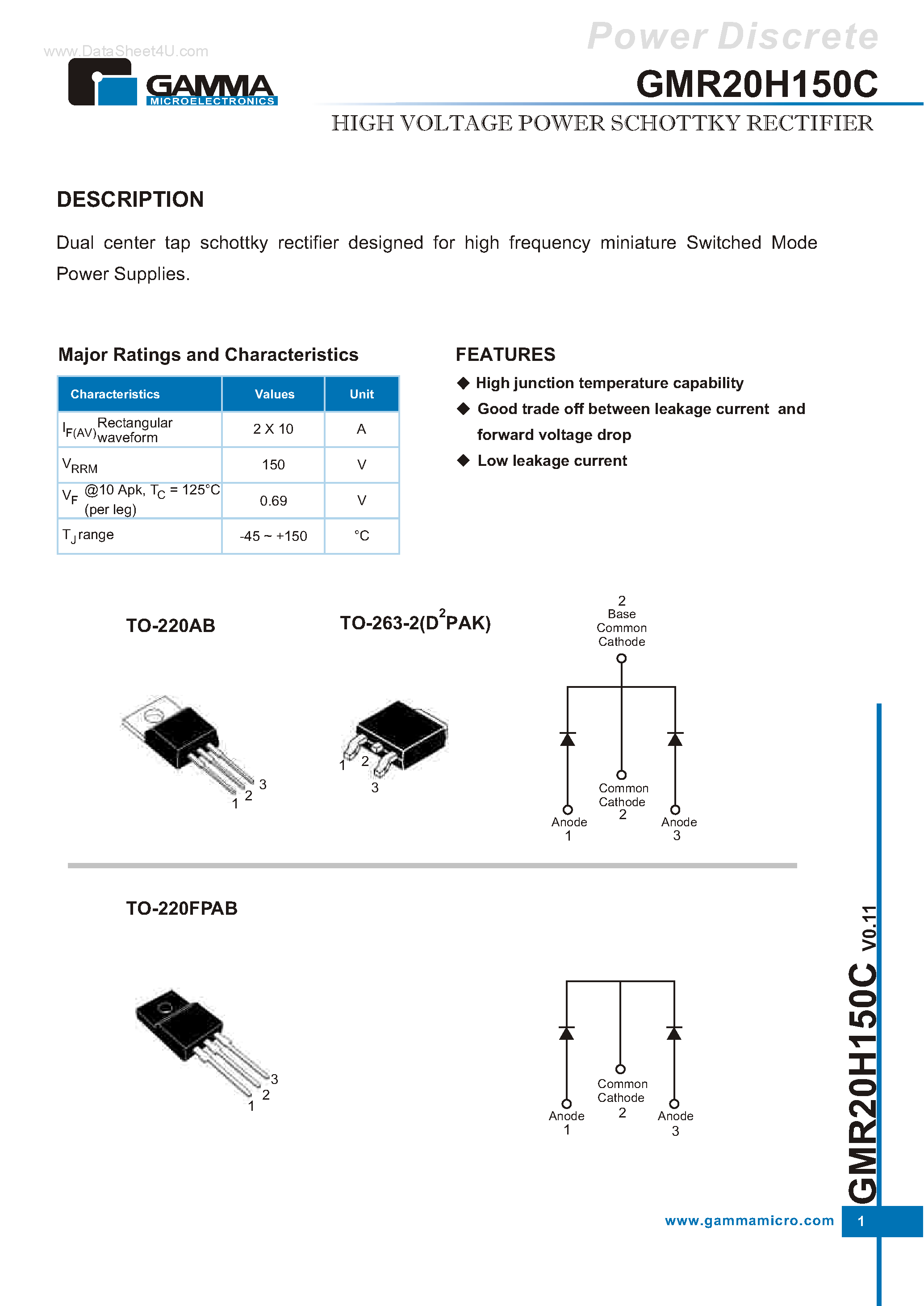 Datasheet GMR20H150C page 1 Datasheet GMR20H150C - HIGH VOLTAGE POWER SCHOTTKY RECTIFIER page 1