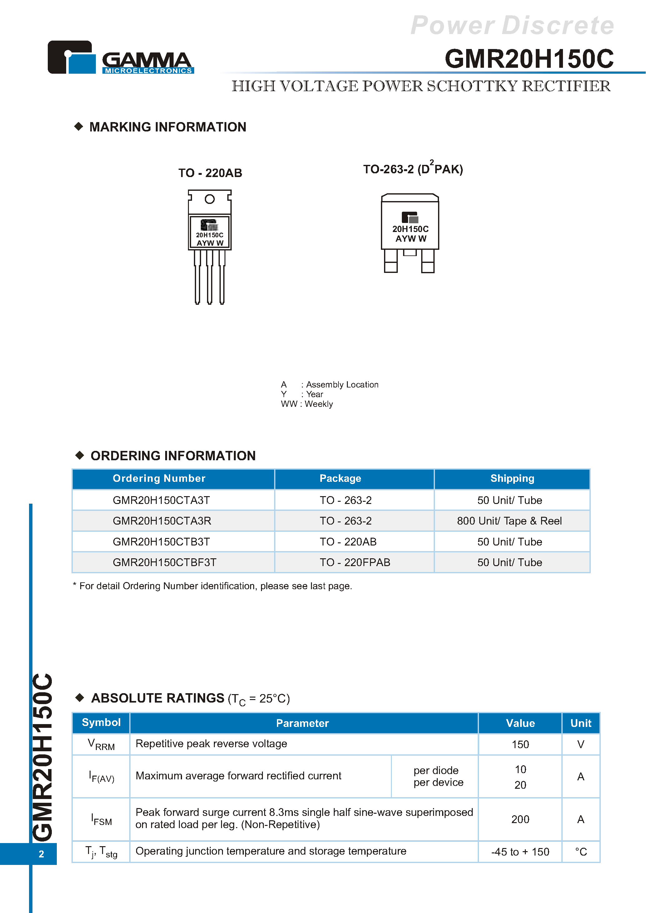 Datasheet GMR20H150C page 2 Datasheet GMR20H150C - HIGH VOLTAGE POWER SCHOTTKY RECTIFIER page 2