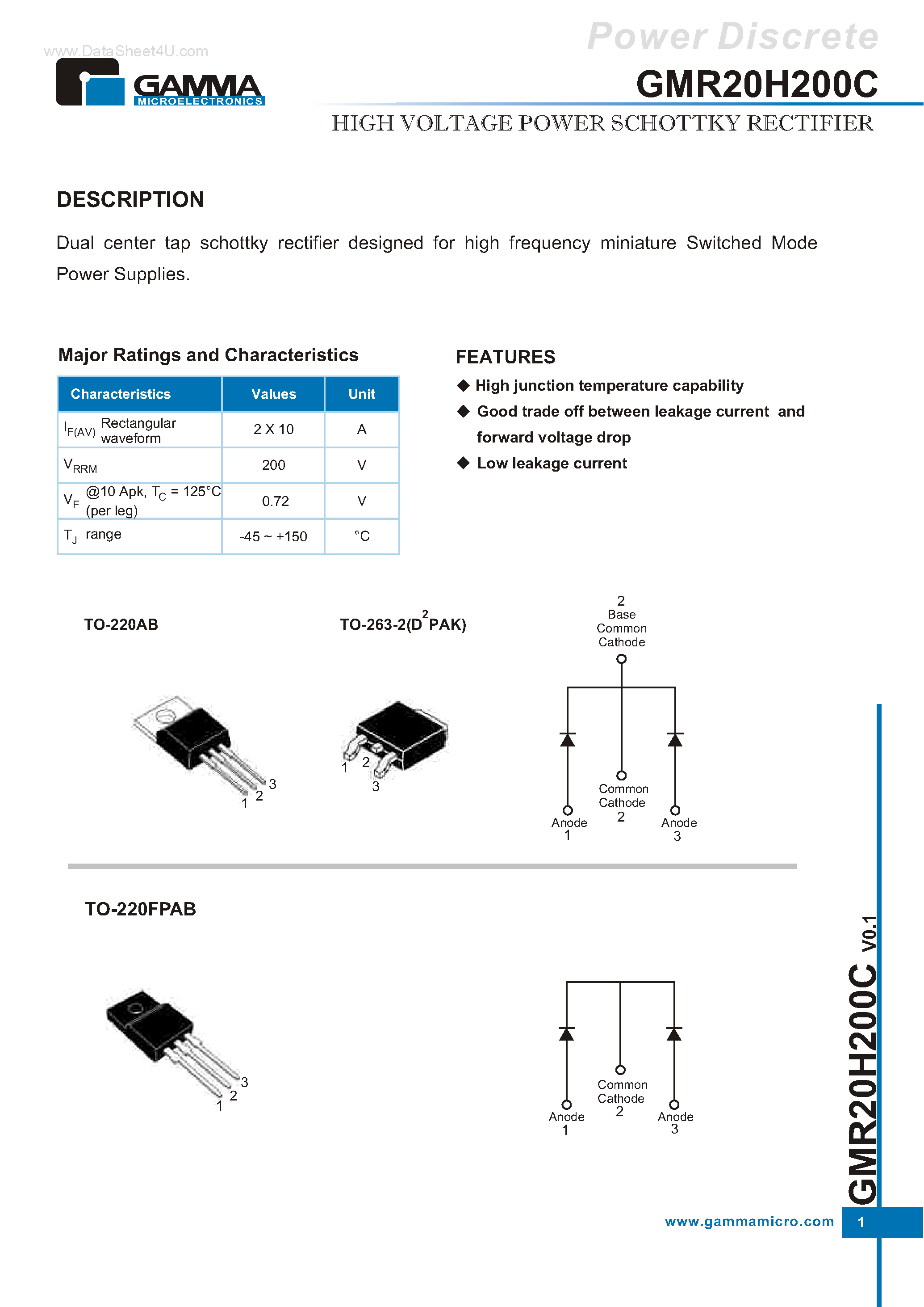 Datasheet GMR20H200C page 1 Datasheet GMR20H200C - HIGH VOLTAGE POWER SCHOTTKY RECTIFIER page 1