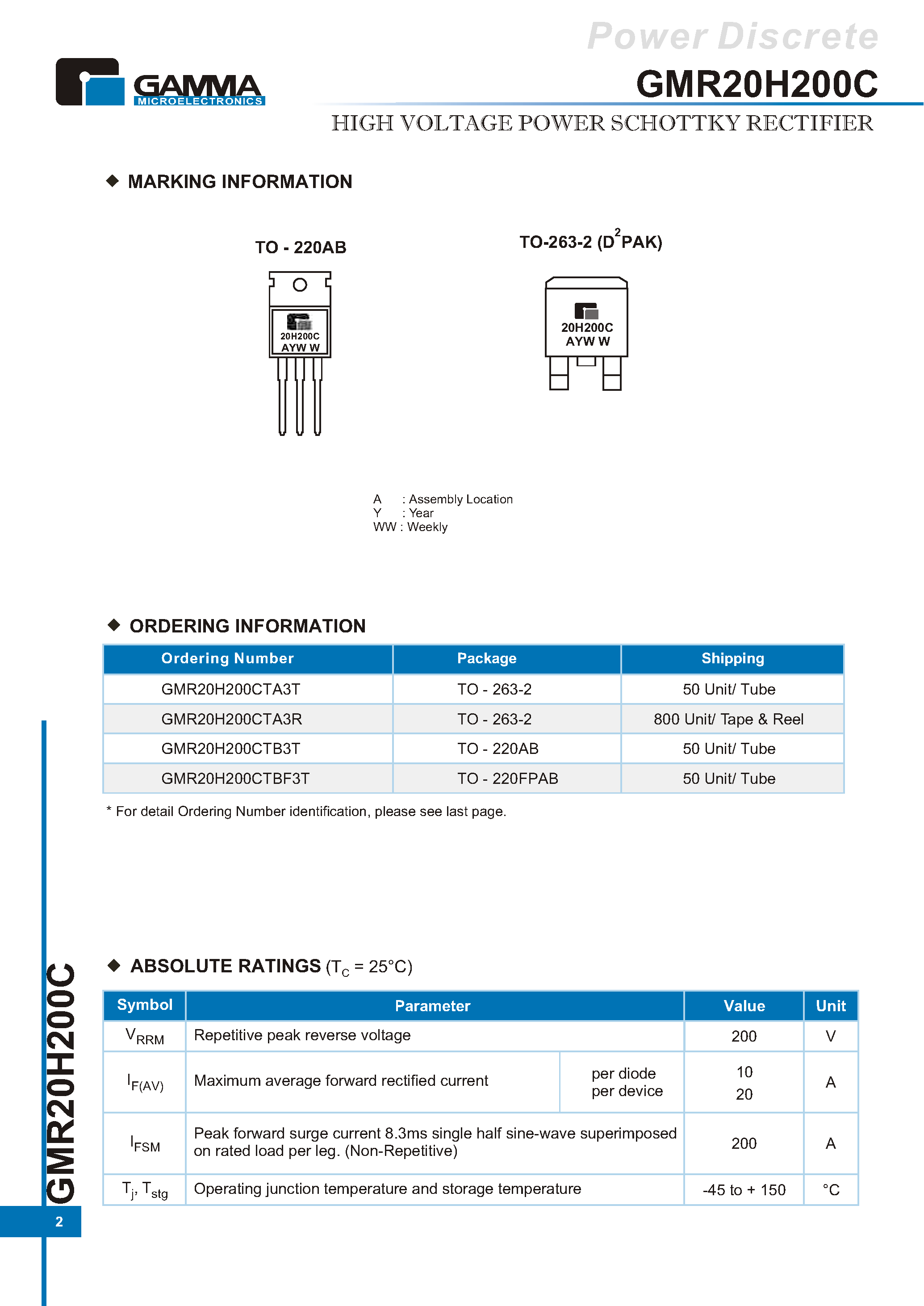 Datasheet GMR20H200C page 2 Datasheet GMR20H200C - HIGH VOLTAGE POWER SCHOTTKY RECTIFIER page 2