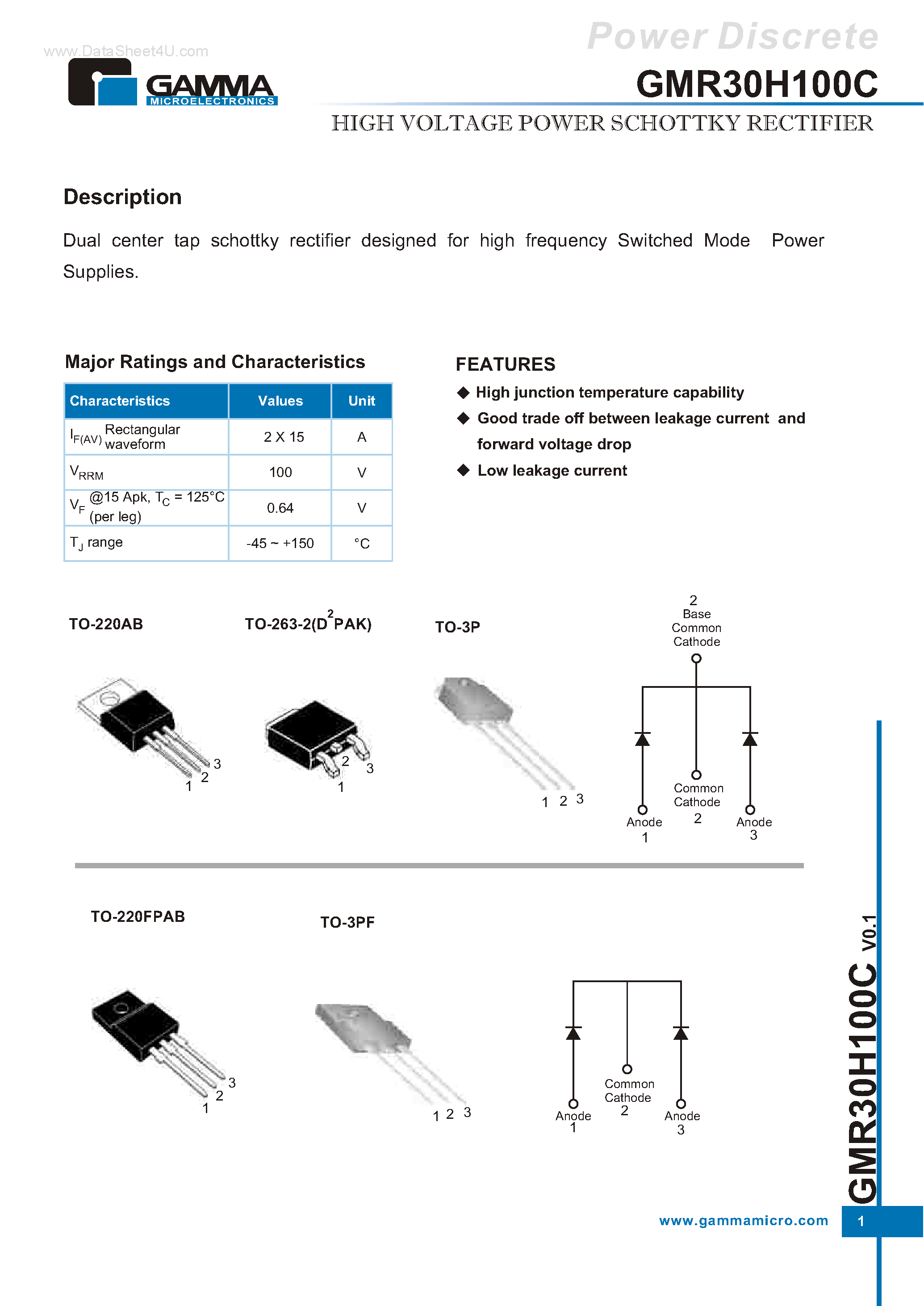 Datasheet GMR30H100C page 1 Datasheet GMR30H100C - HIGH VOLTAGE POWER SCHOTTKY RECTIFIER page 1