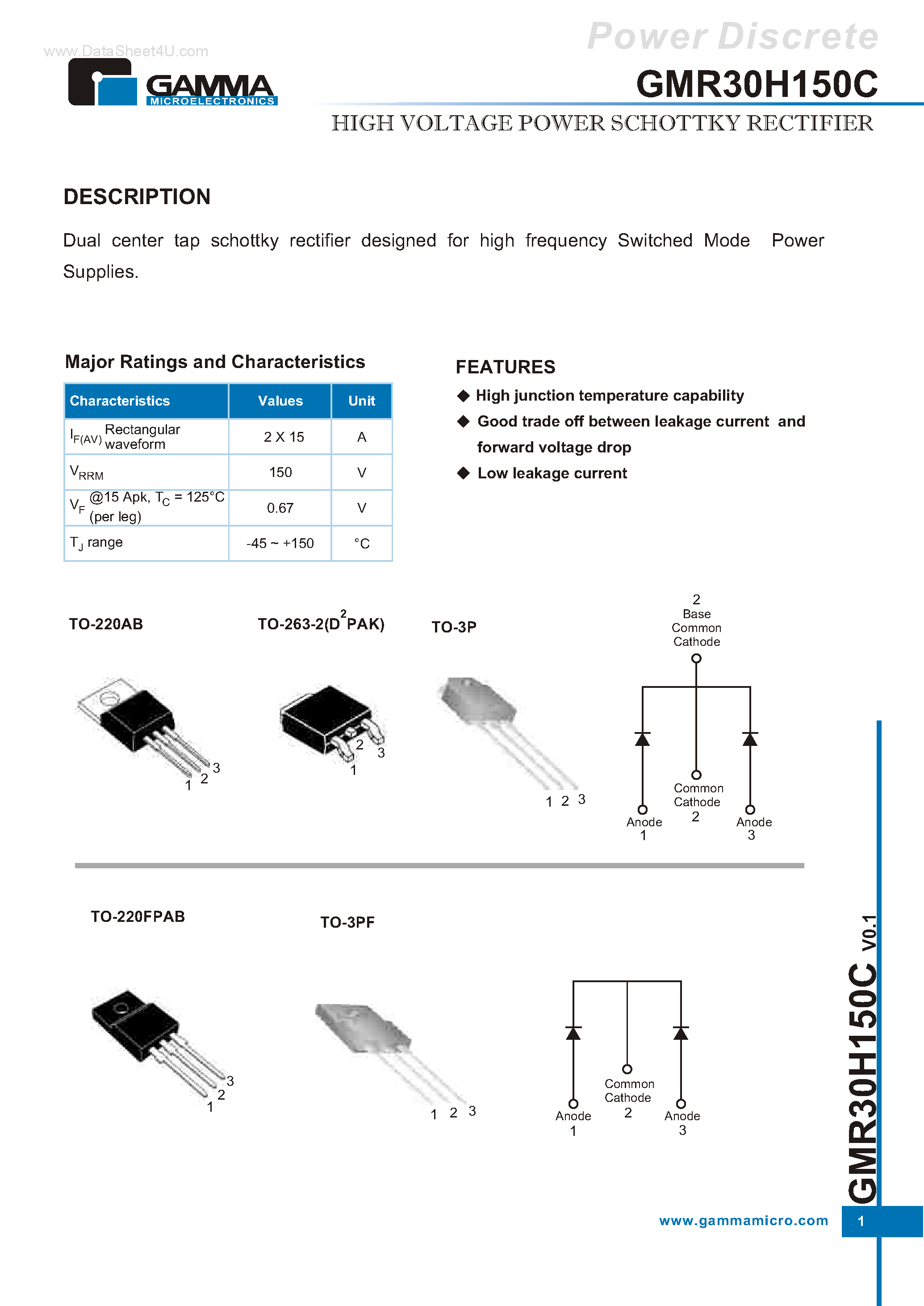 Datasheet GMR30H150C page 1 Datasheet GMR30H150C - HIGH VOLTAGE POWER SCHOTTKY RECTIFIER page 1