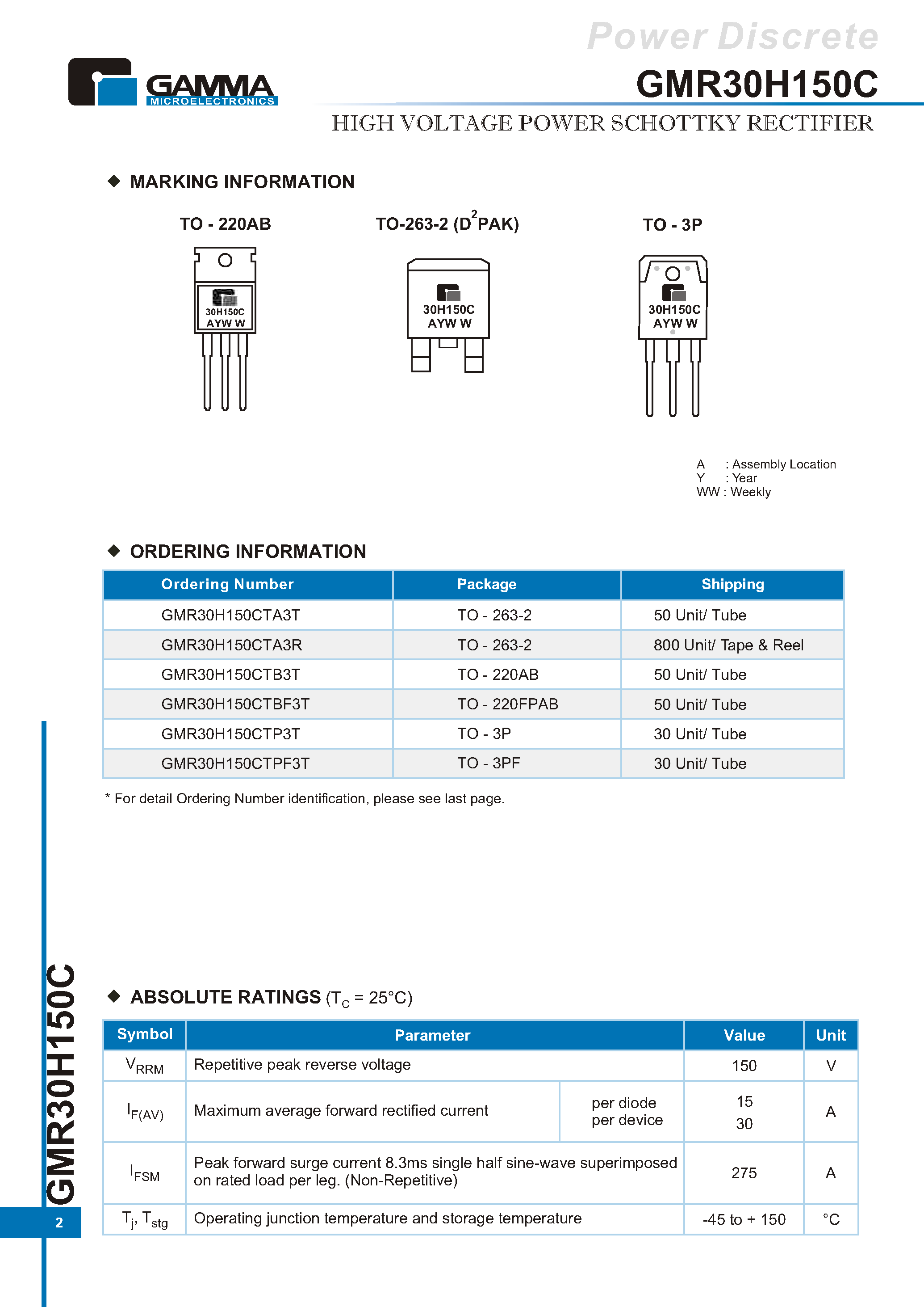 Datasheet GMR30H150C page 2 Datasheet GMR30H150C - HIGH VOLTAGE POWER SCHOTTKY RECTIFIER page 2