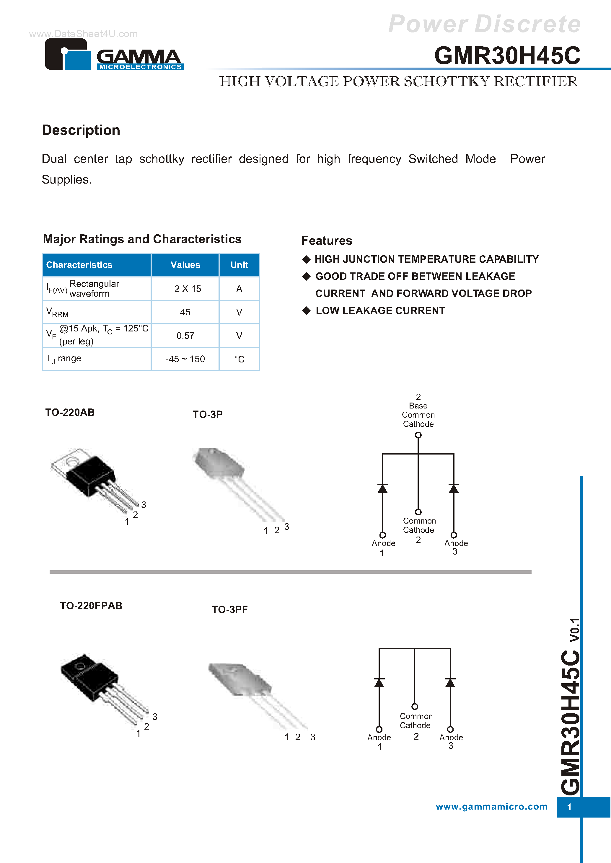 Datasheet GMR30H45C - HIGH VOLTAGE POWER SCHOTTKY RECTIFIER page 1