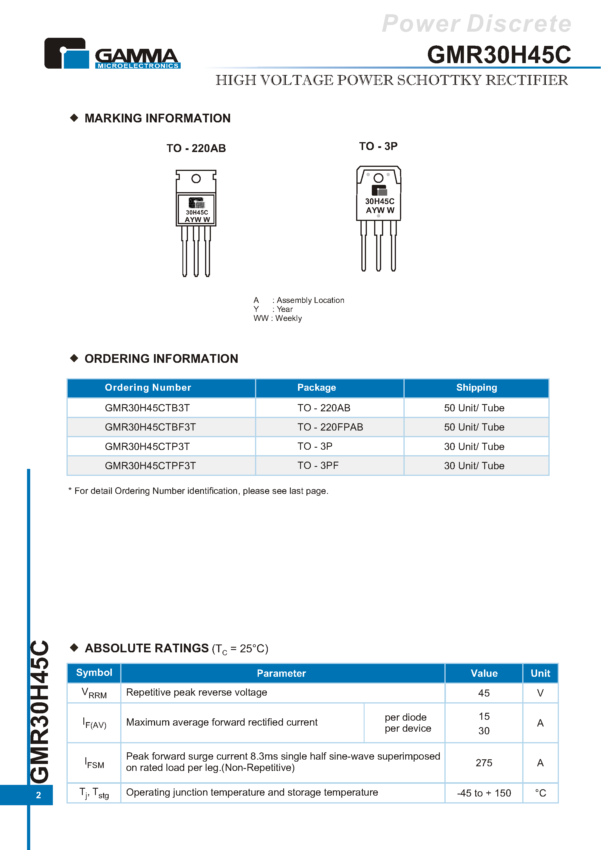 Datasheet GMR30H45C - HIGH VOLTAGE POWER SCHOTTKY RECTIFIER page 2
