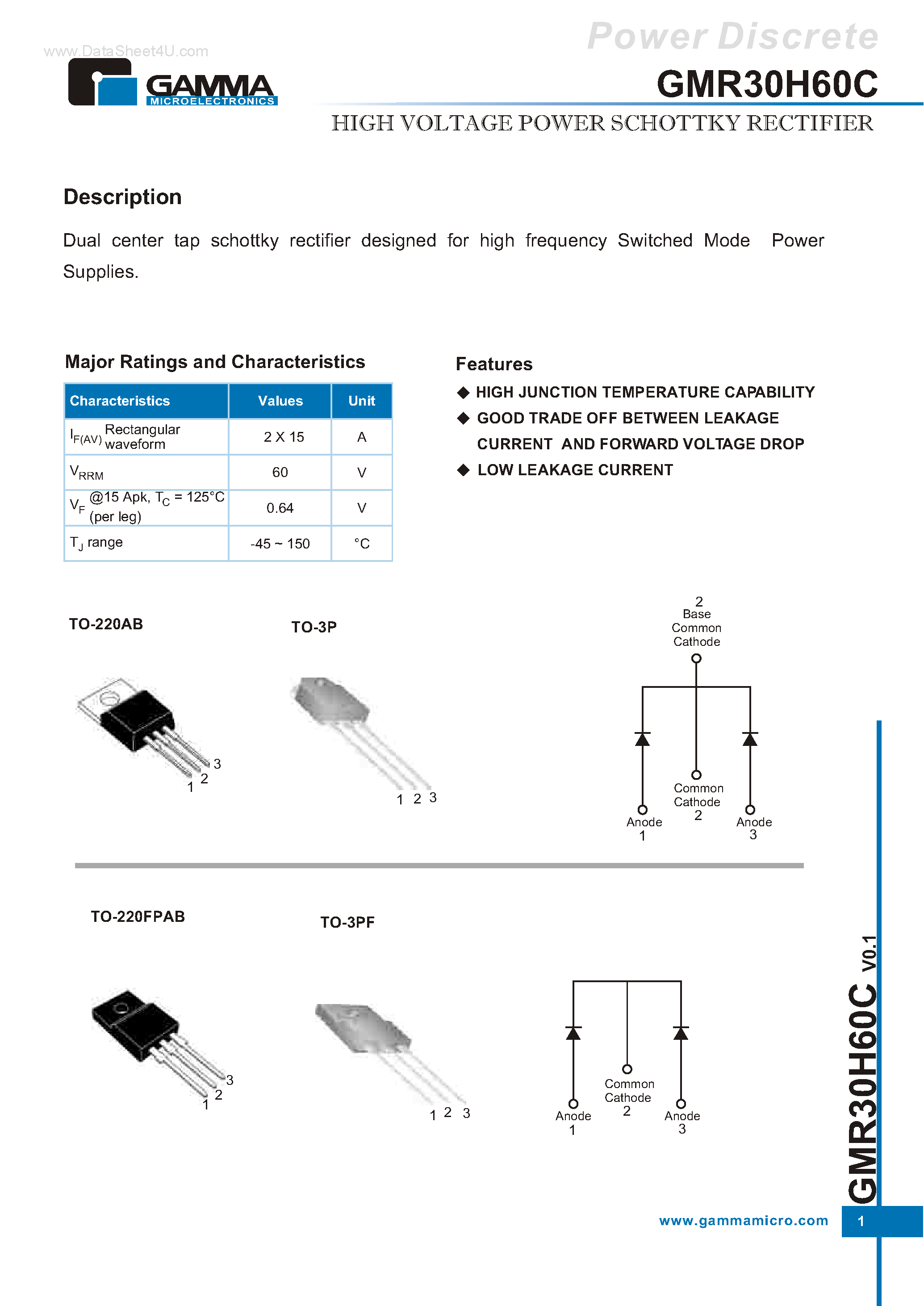 Datasheet GMR30H60C - HIGH VOLTAGE POWER SCHOTTKY RECTIFIER page 1