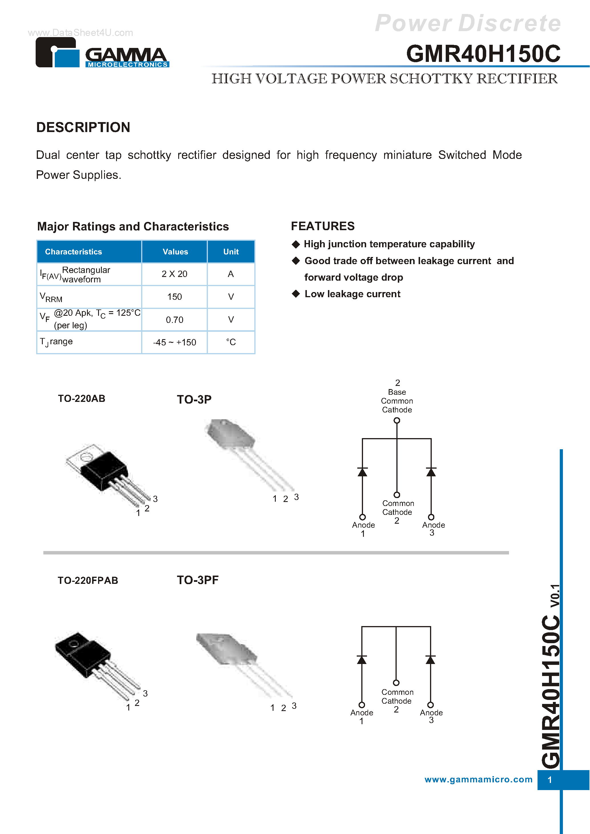 Datasheet GMR40H150C page 1 Datasheet GMR40H150C - HIGH VOLTAGE POWER SCHOTTKY RECTIFIER page 1