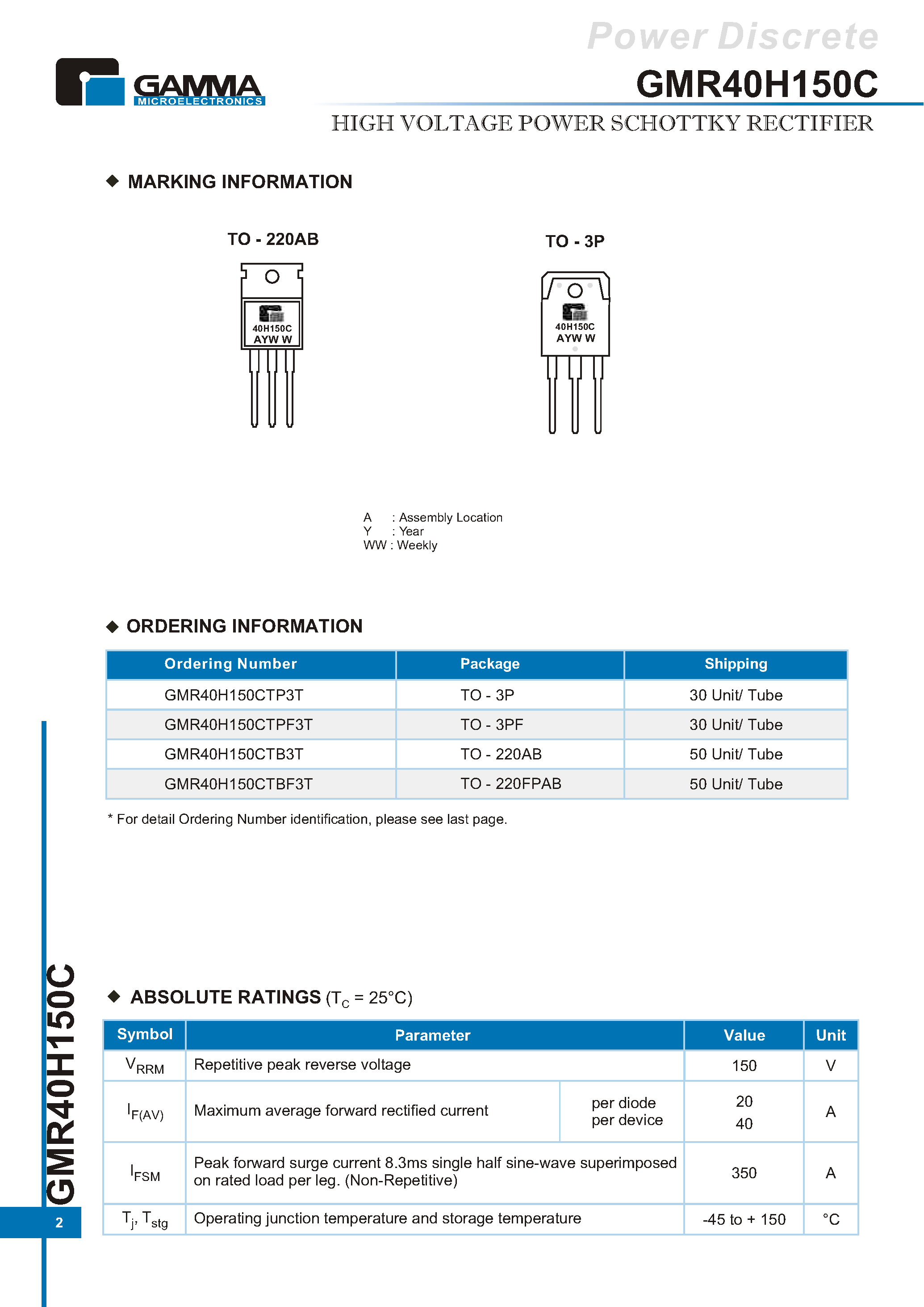 Datasheet GMR40H150C page 2 Datasheet GMR40H150C - HIGH VOLTAGE POWER SCHOTTKY RECTIFIER page 2